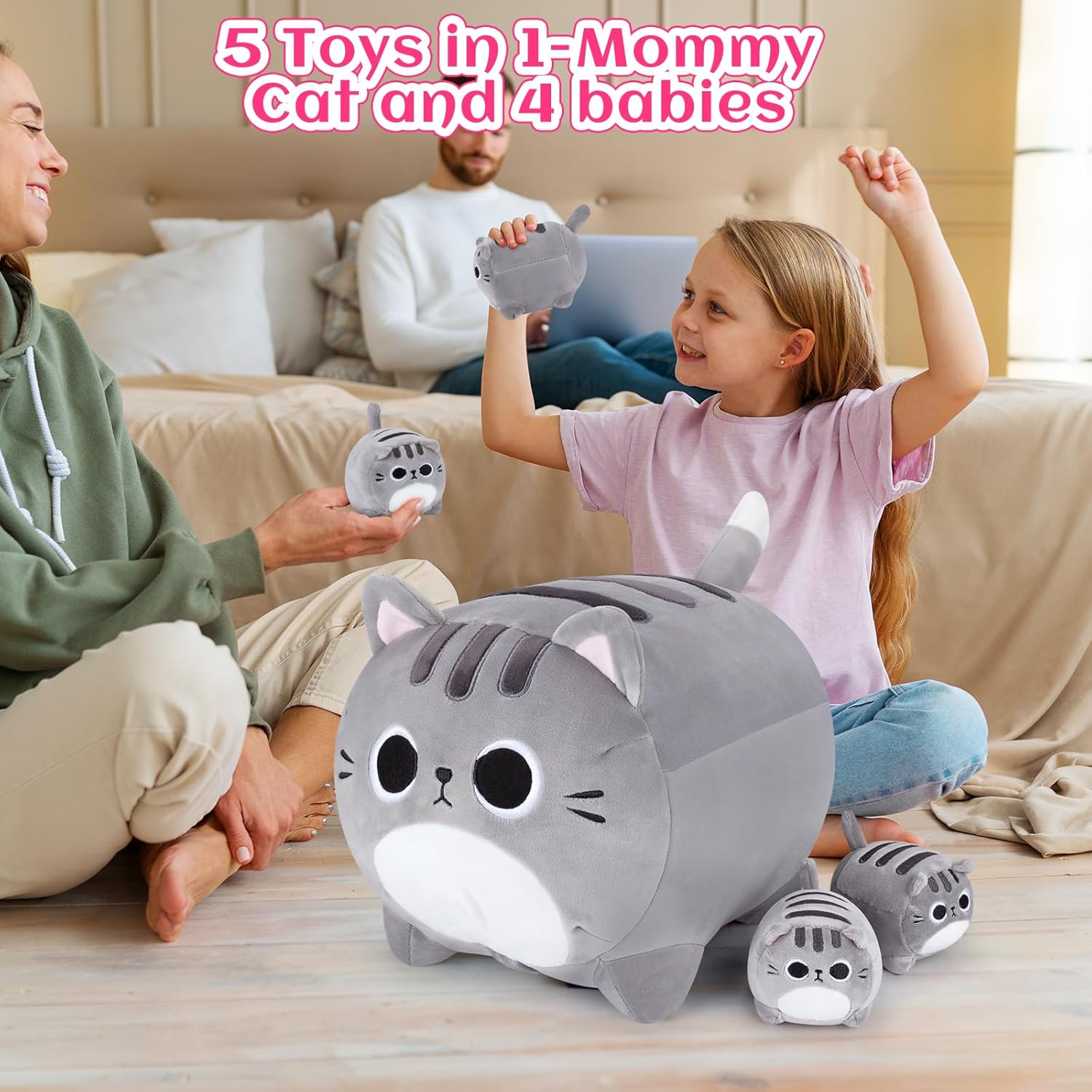 Grey Cat Plush Family 5PCS Stuffed Animal Set
