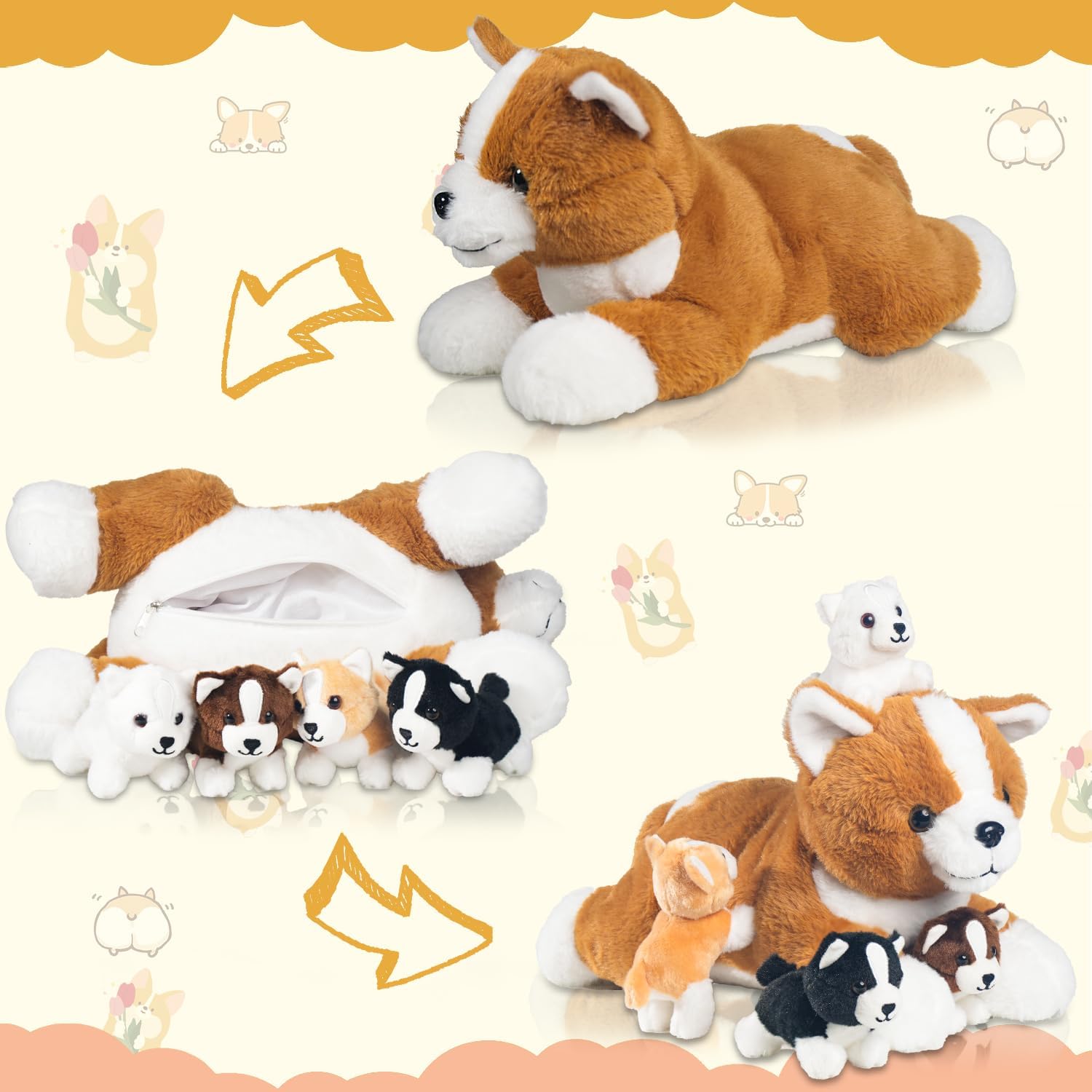 5 Pcs Corgi Plush Stuffed Animals with Zipper Belly