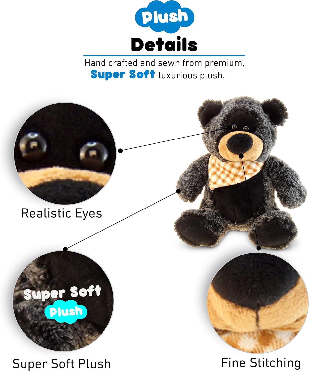 DolliBu Plush Black Bear Stuffed Animal - 8 Inch
