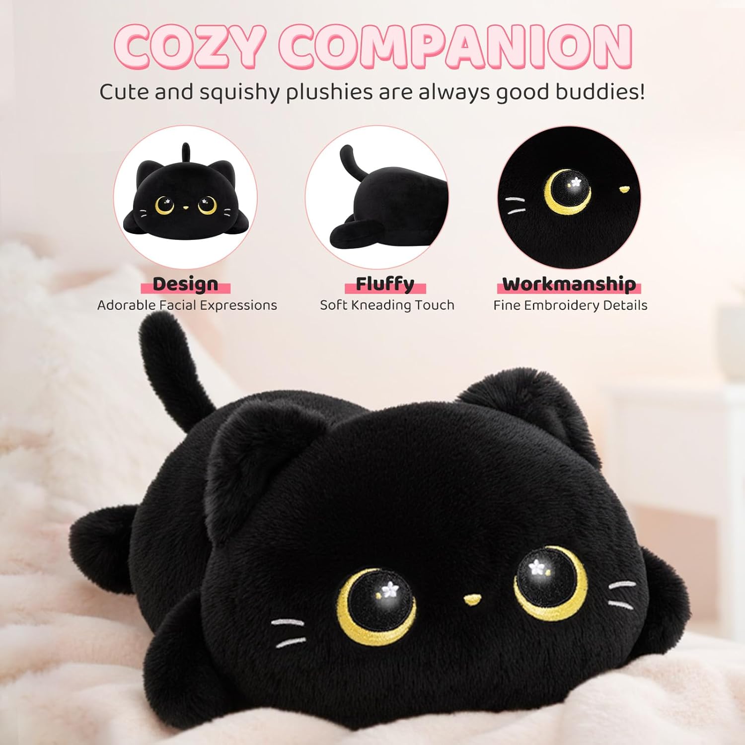 Cute Black Cat Plush Pillow - Kawaii Plushie for Kids Girls