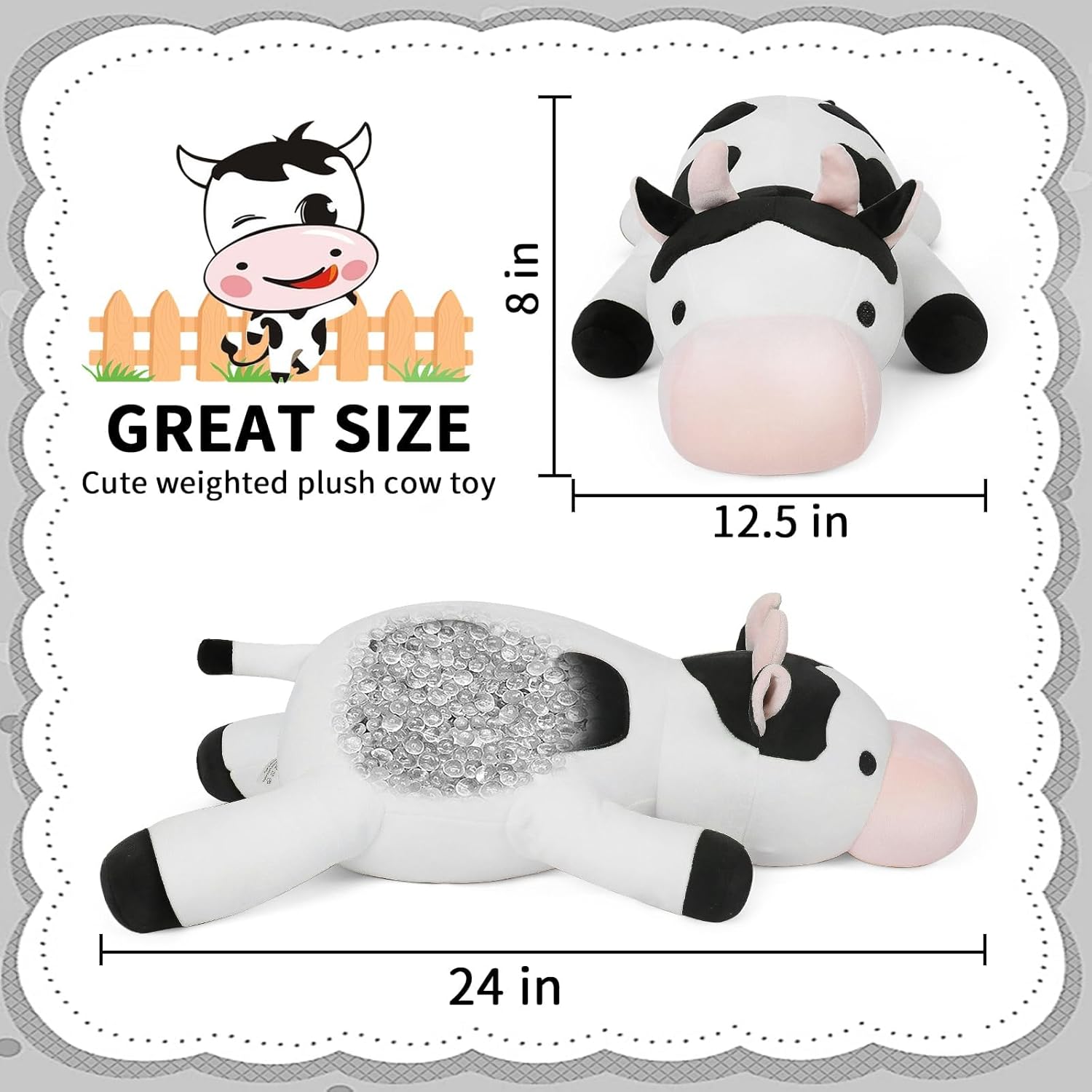 FLORVIV Weighted Cow Plush Toy 24 42lb Cuddly Hugging Doll
