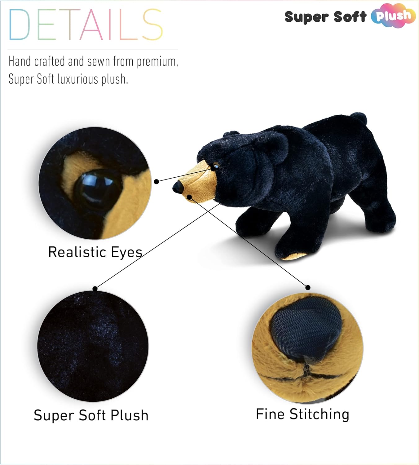 DolliBu Plush Black Bear Stuffed Animal - 16 Inches