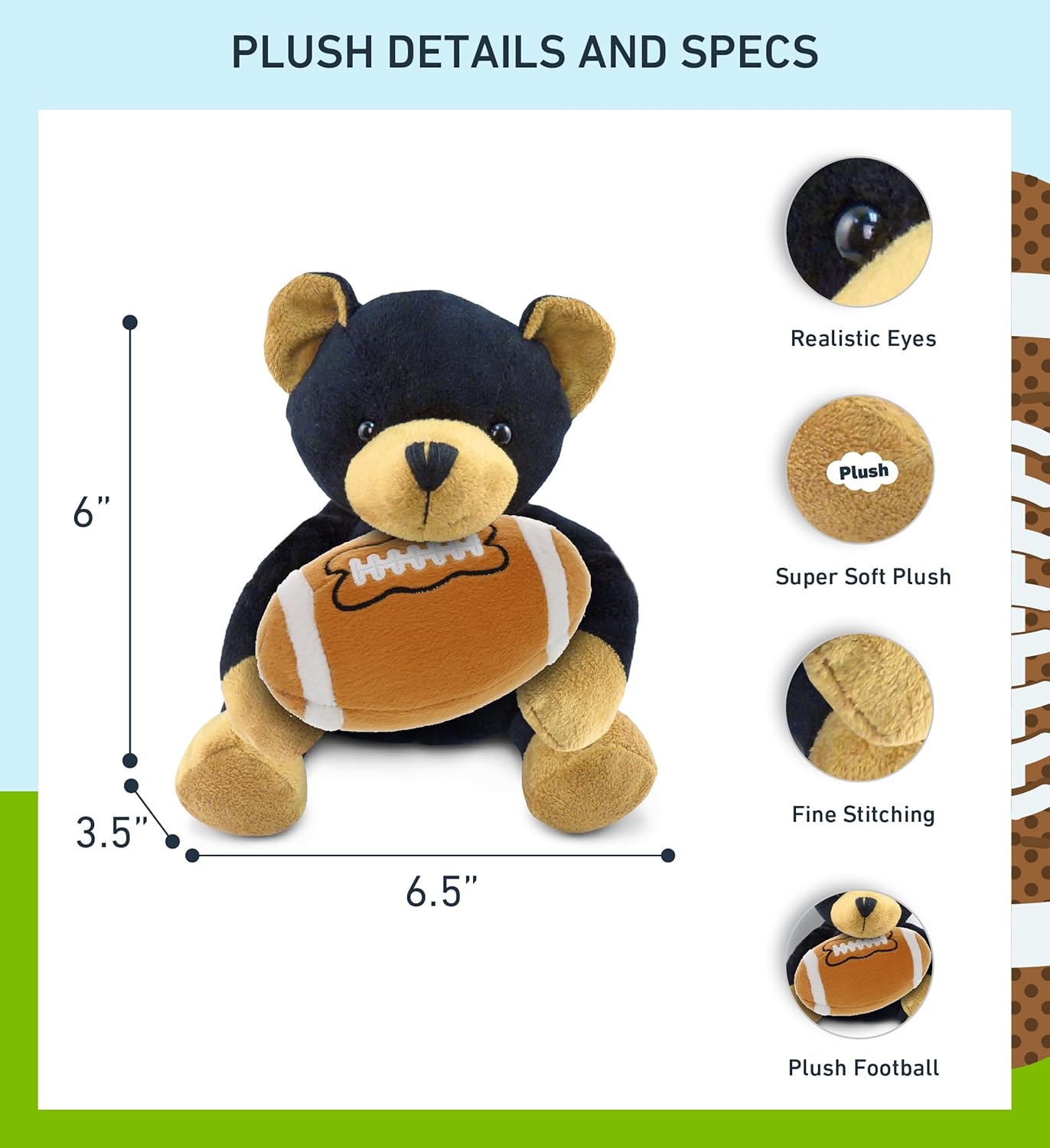 DolliBu Black Bear Plush with Football - 6 Inch Huggable Stuffed Animal