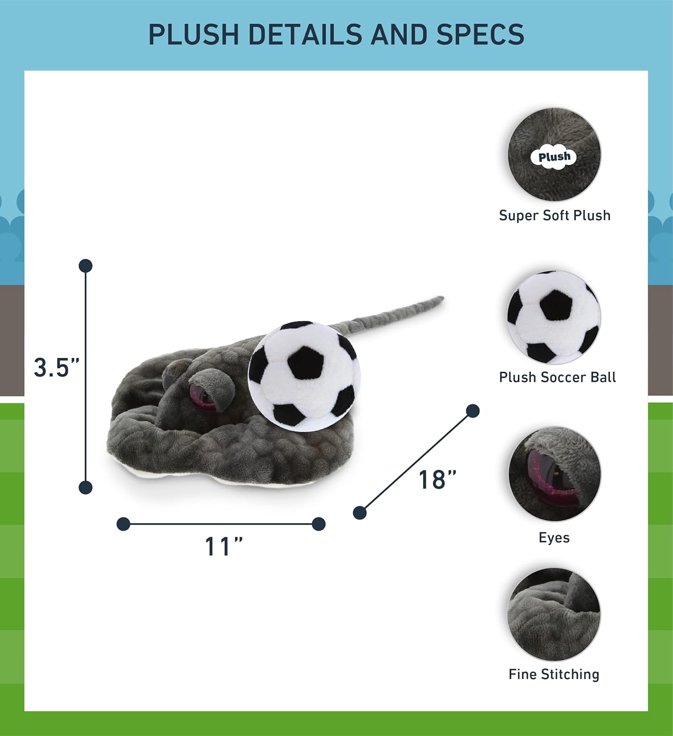 DolliBu Grey Stingray Stuffed Animal with Soccer Ball - 18 Inches