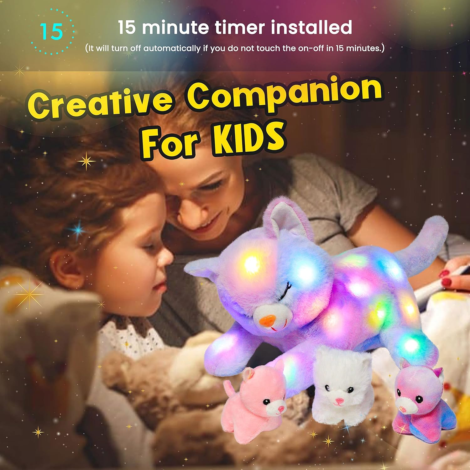 Hopearl LED Plush Cat Glow in the Dark with 3 Baby Kittens 18