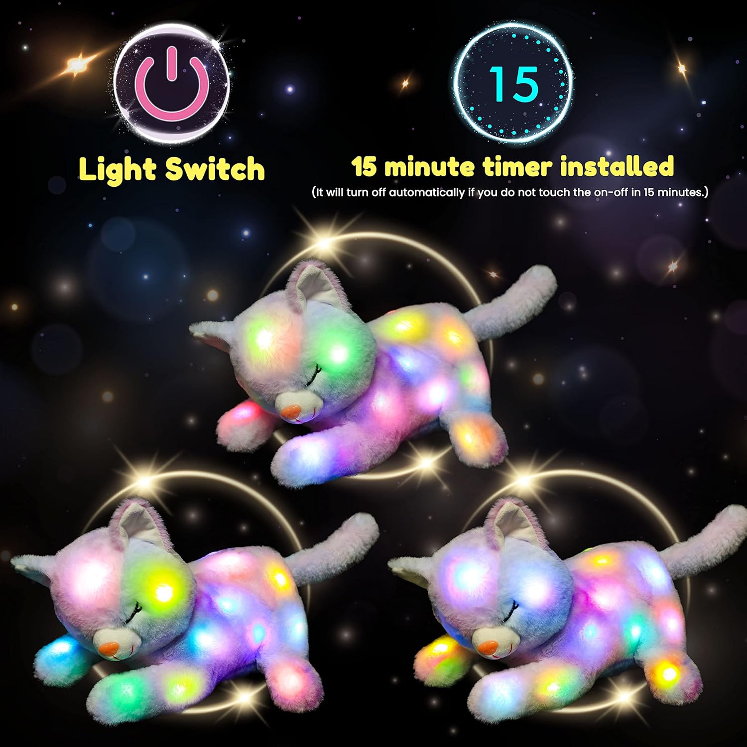 Hopearl LED Plush Cat Glow in the Dark with 3 Baby Kittens 18