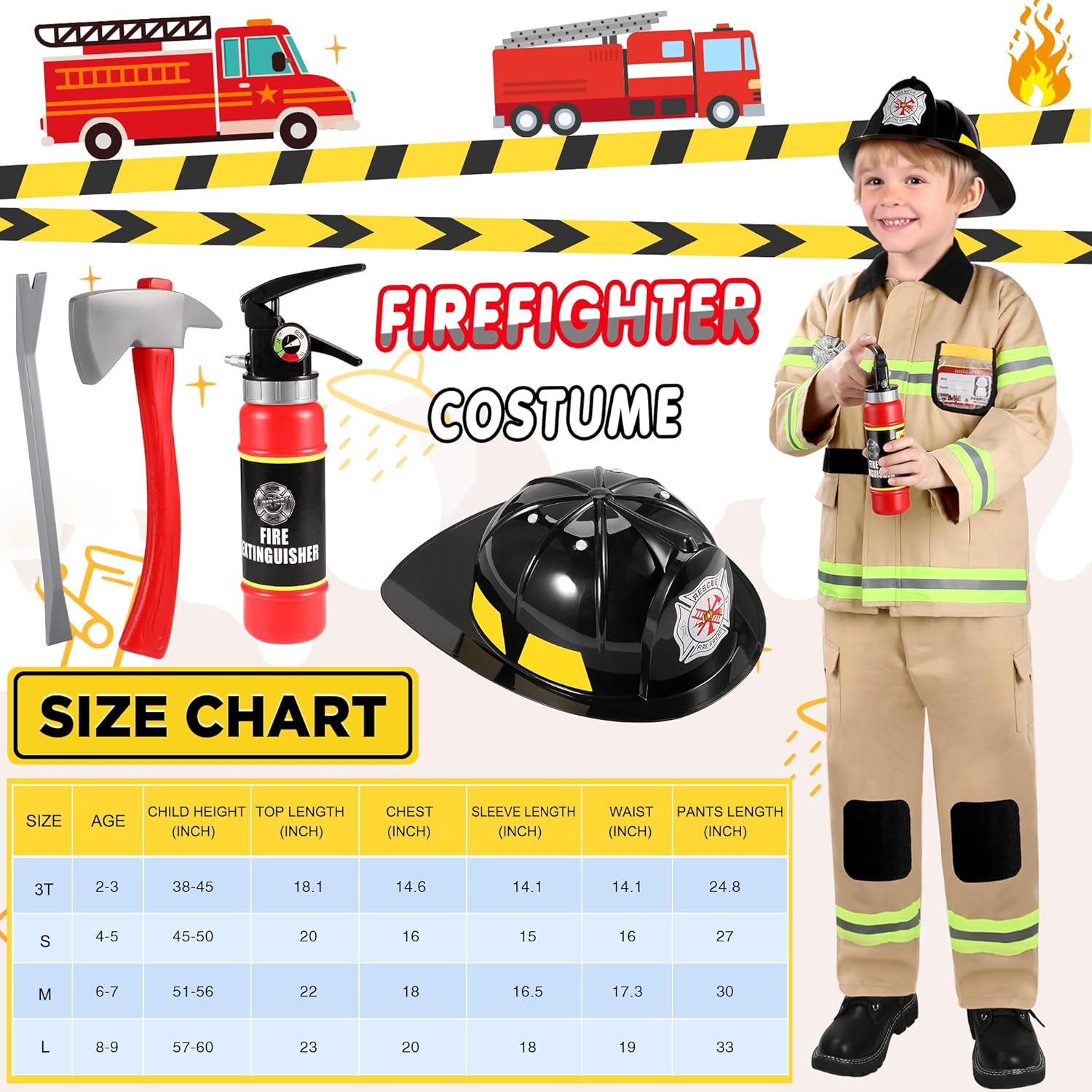 GIFTINBOX Firefighter Costume for Kids 3-12 with Accessories