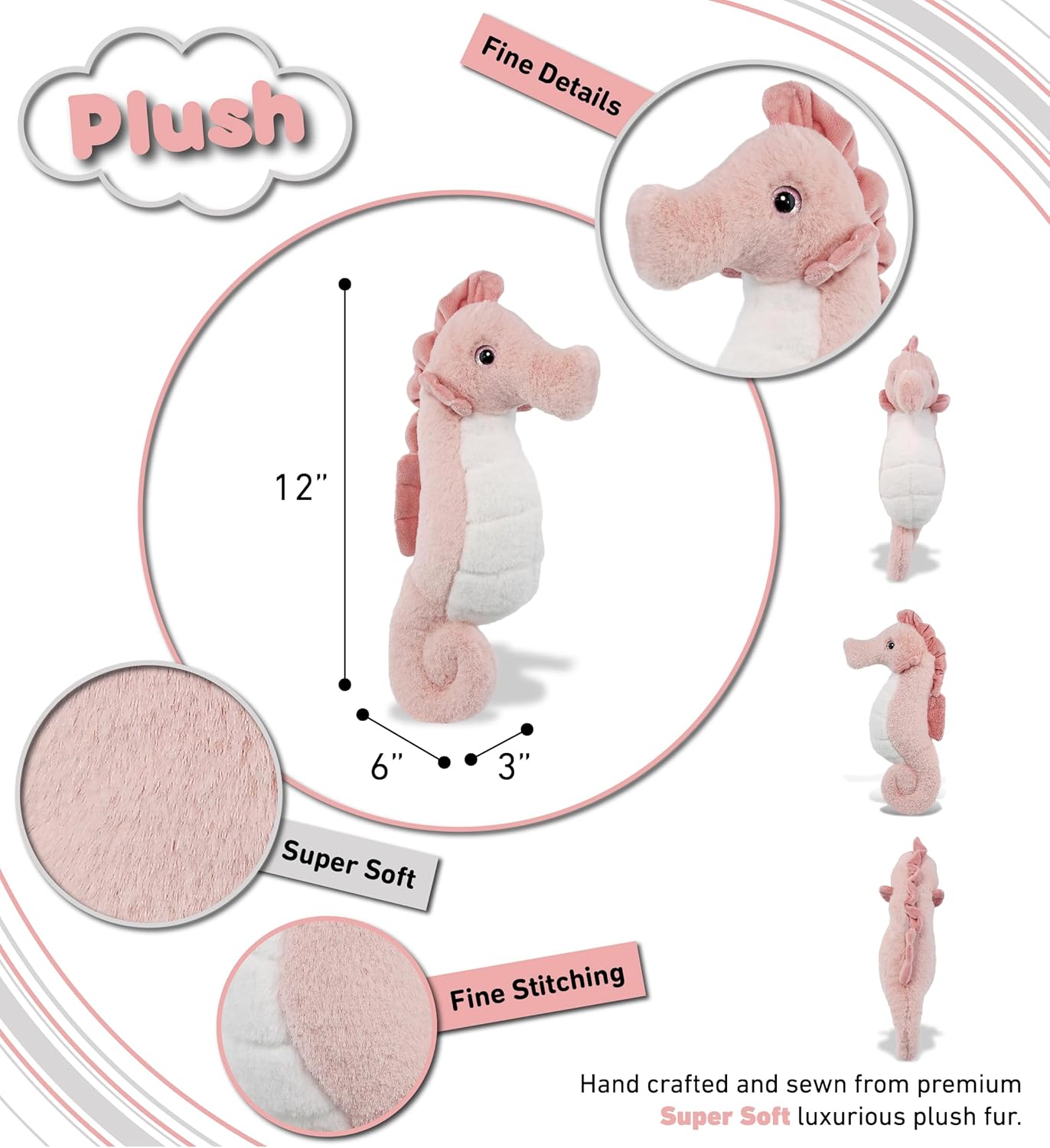 DolliBu Rose Seahorse 12-Inch Cuddly Plush Toy
