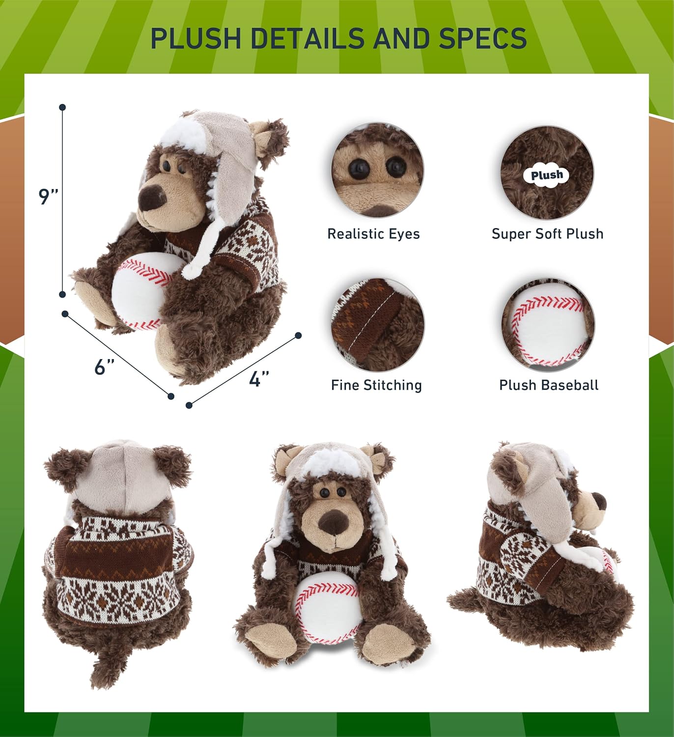 DolliBu Grizzly Bear with Clothes and Baseball - 9 Inch