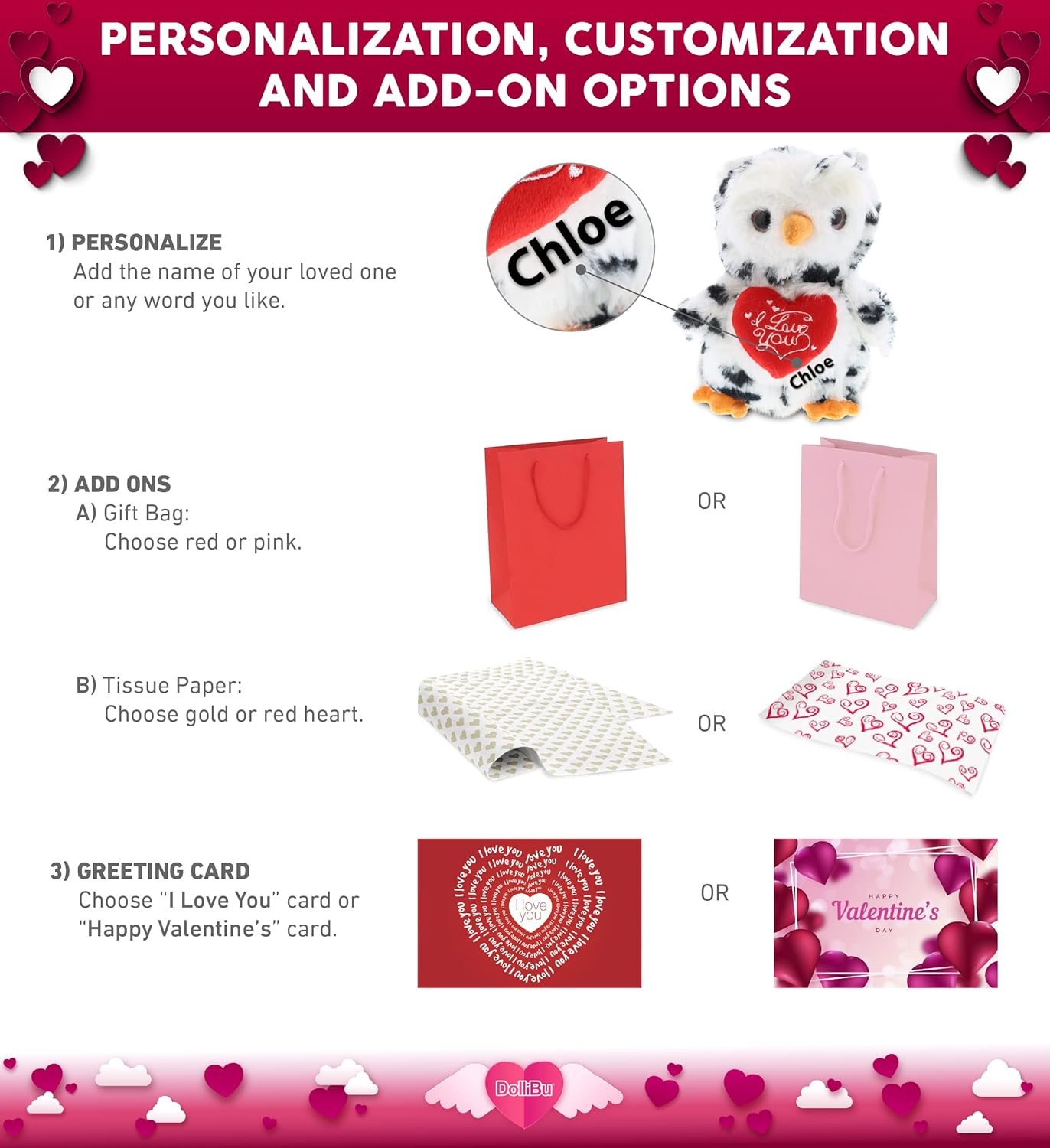 DolliBu I Love You Valentine White Owl Stuffed Animal