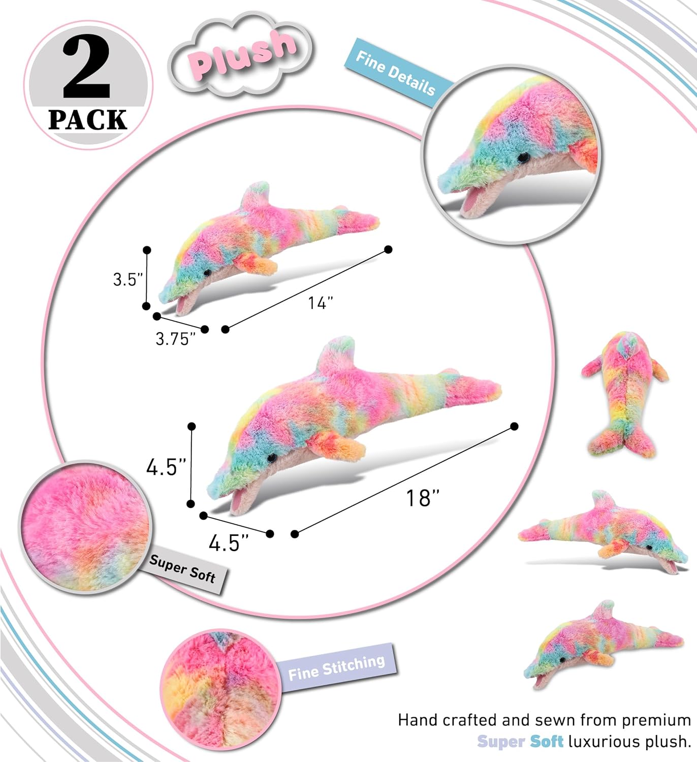 DolliBu Rainbow Plush Dolphin Toys 2 Pack