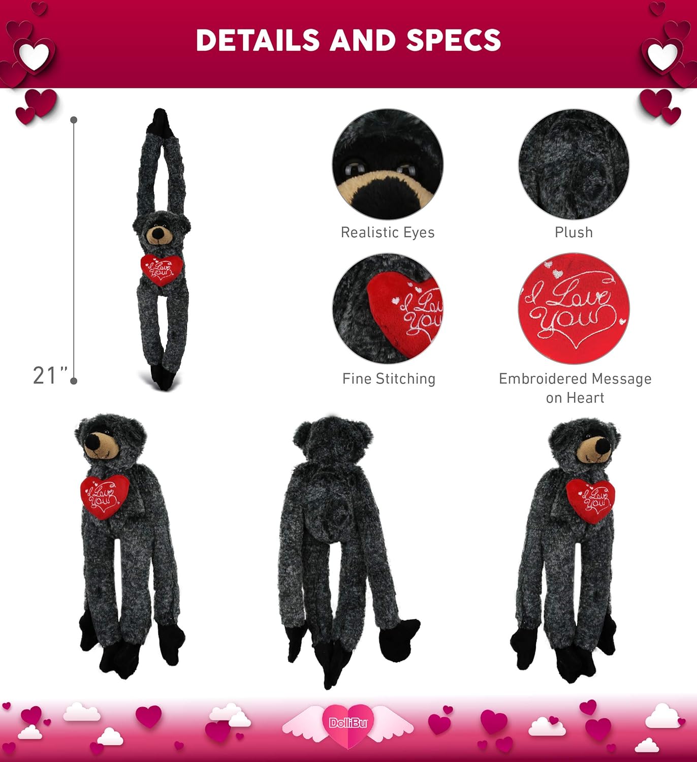 DolliBu Personalized Valentine Black Bear Plush - 21 Inches