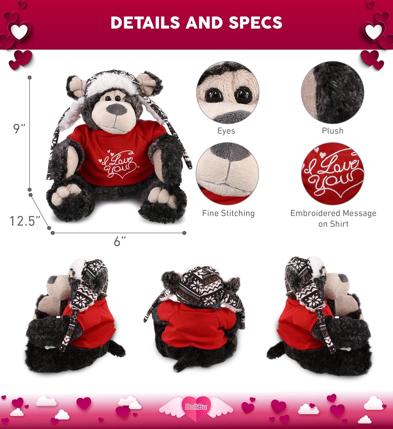 DolliBu Personalized I Love You Black Bear Plush - 125 Inches