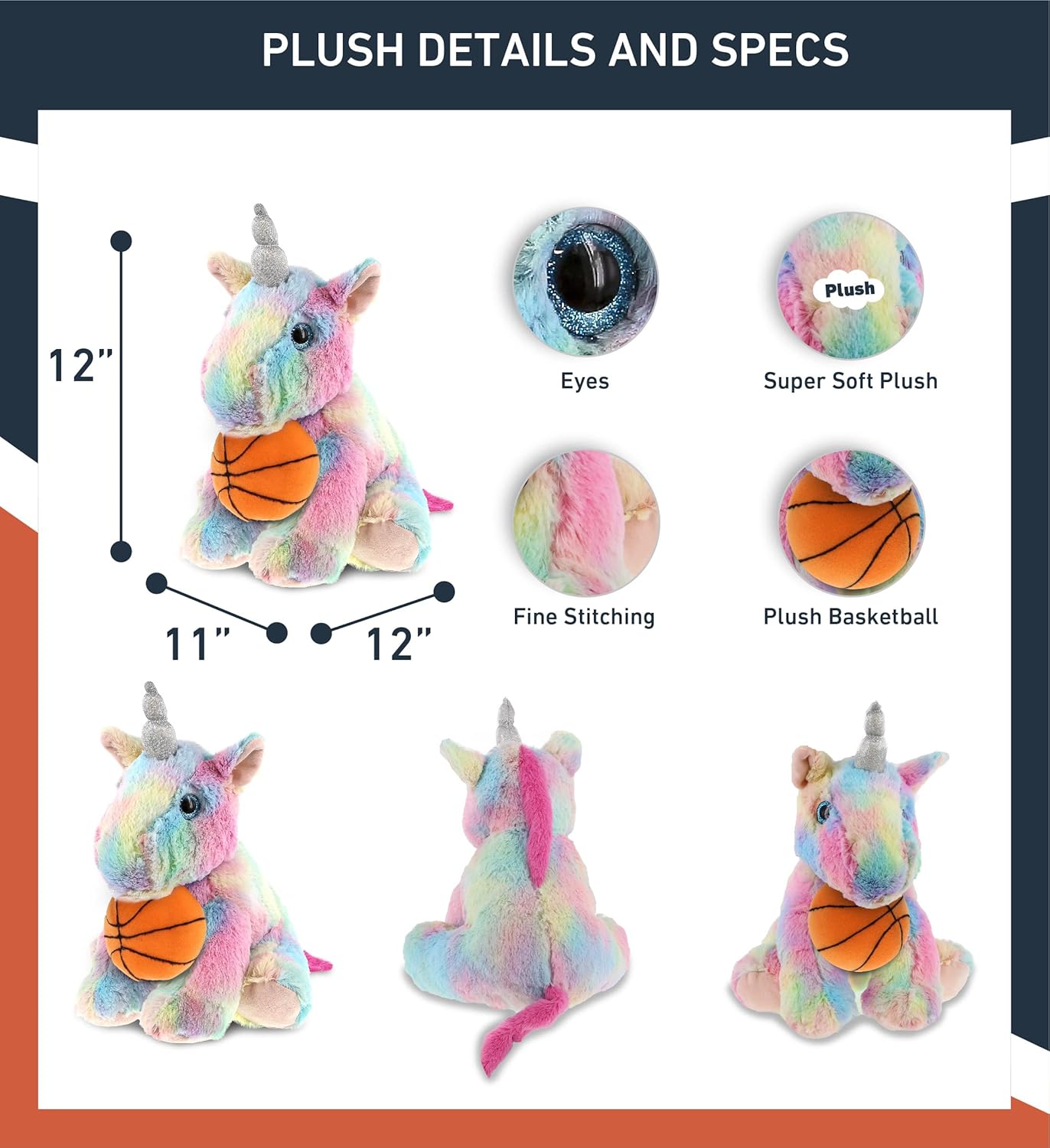 DolliBu Floppy Rainbow Unicorn Plush with Basketball - 10 Inches 1