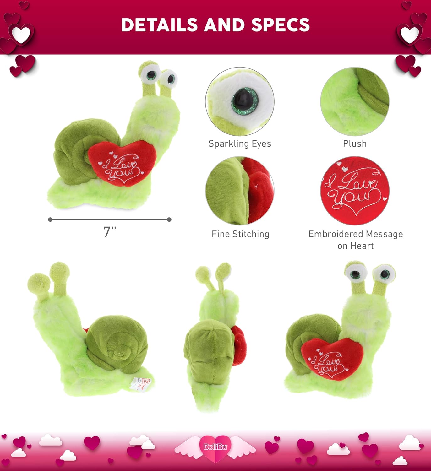 DolliBu I Love You Green Snail Plush Toy