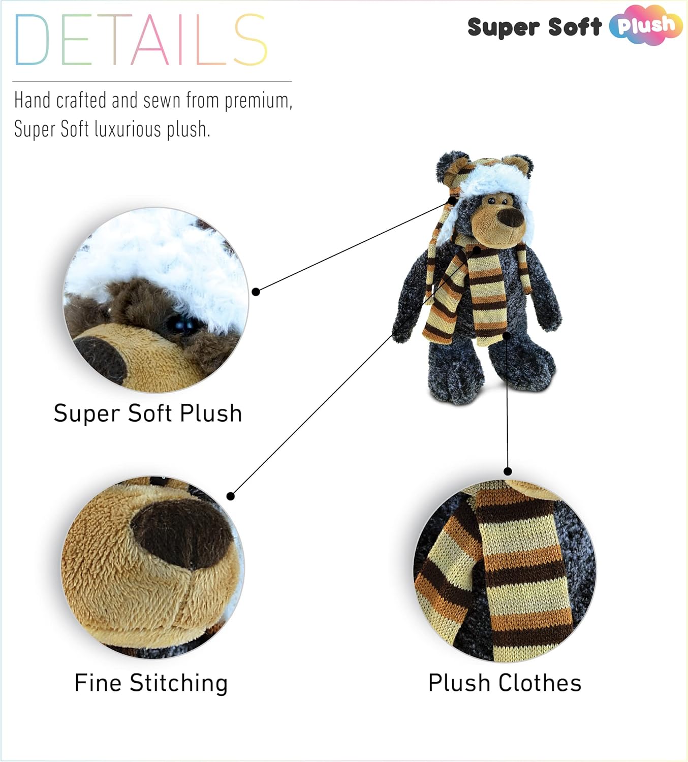 DolliBu Plush Black Bear Stuffed Animal - Standing Bear with Hat Scarf 11 Inches