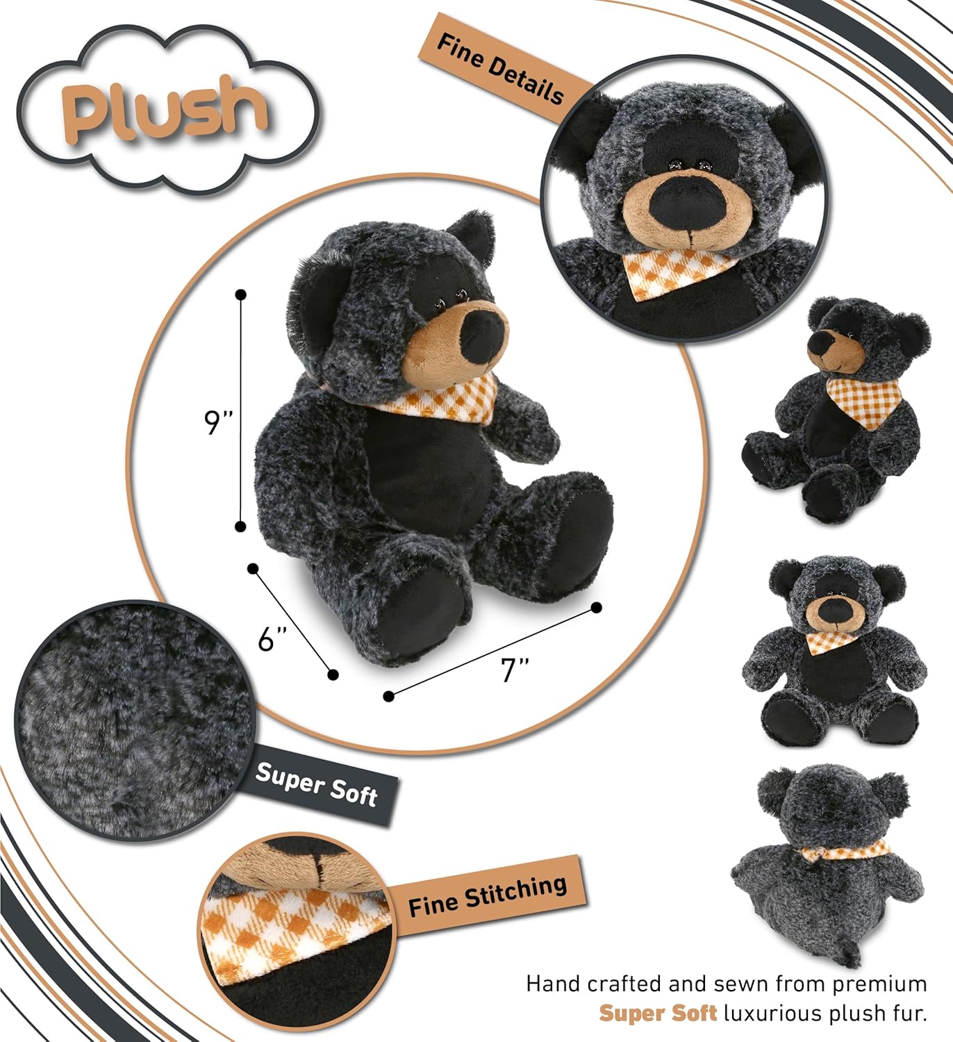 DolliBu Plush Black Bear Stuffed Animal - 8 Inch