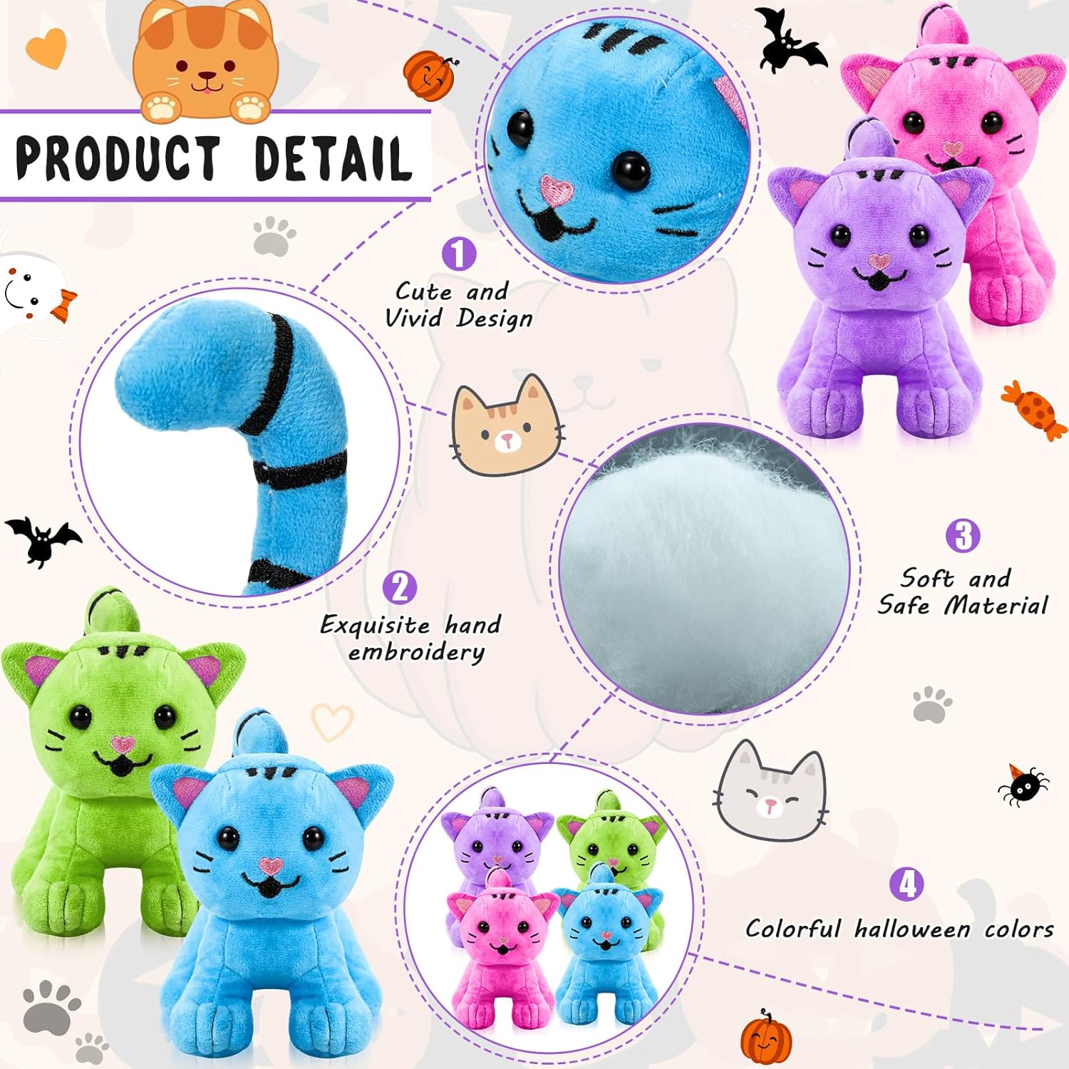 Jenaai 8 Pcs Halloween Cat Plush Set