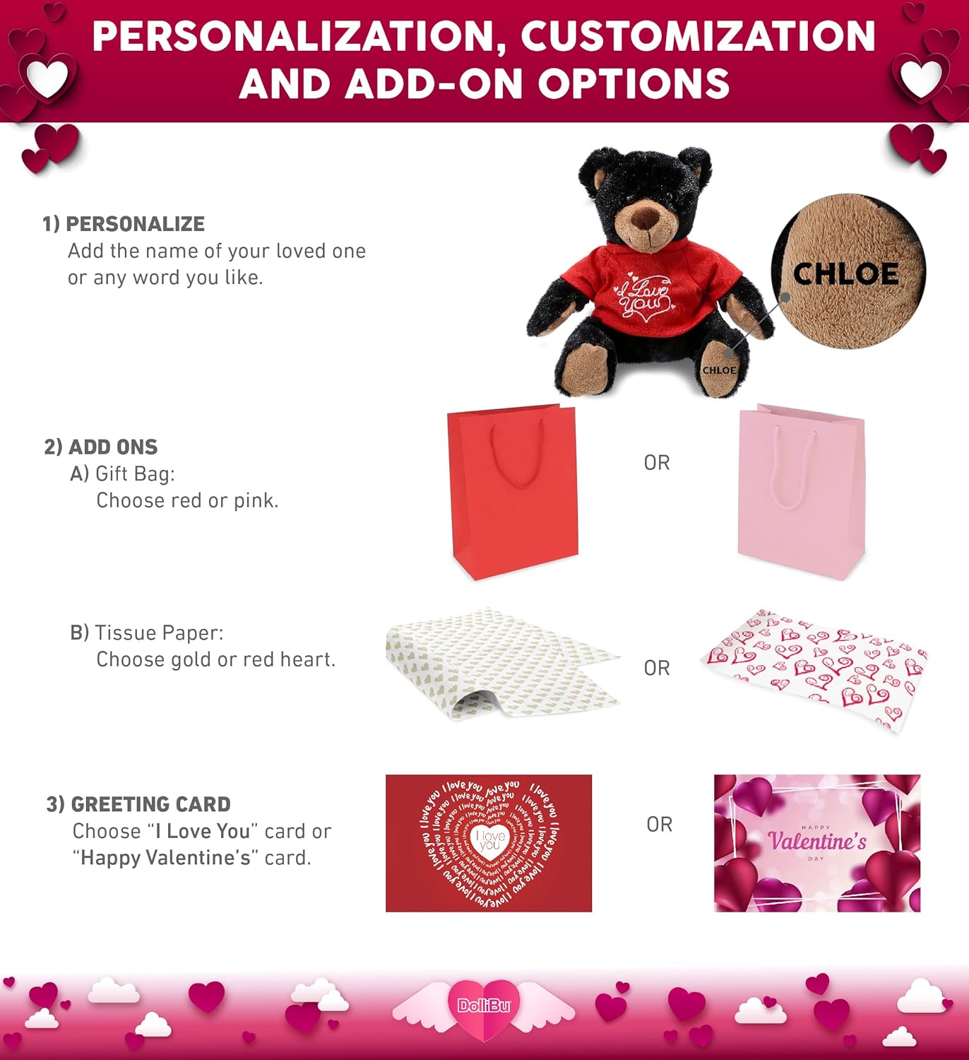 DolliBu I Love You Valentine Plush Black Bear