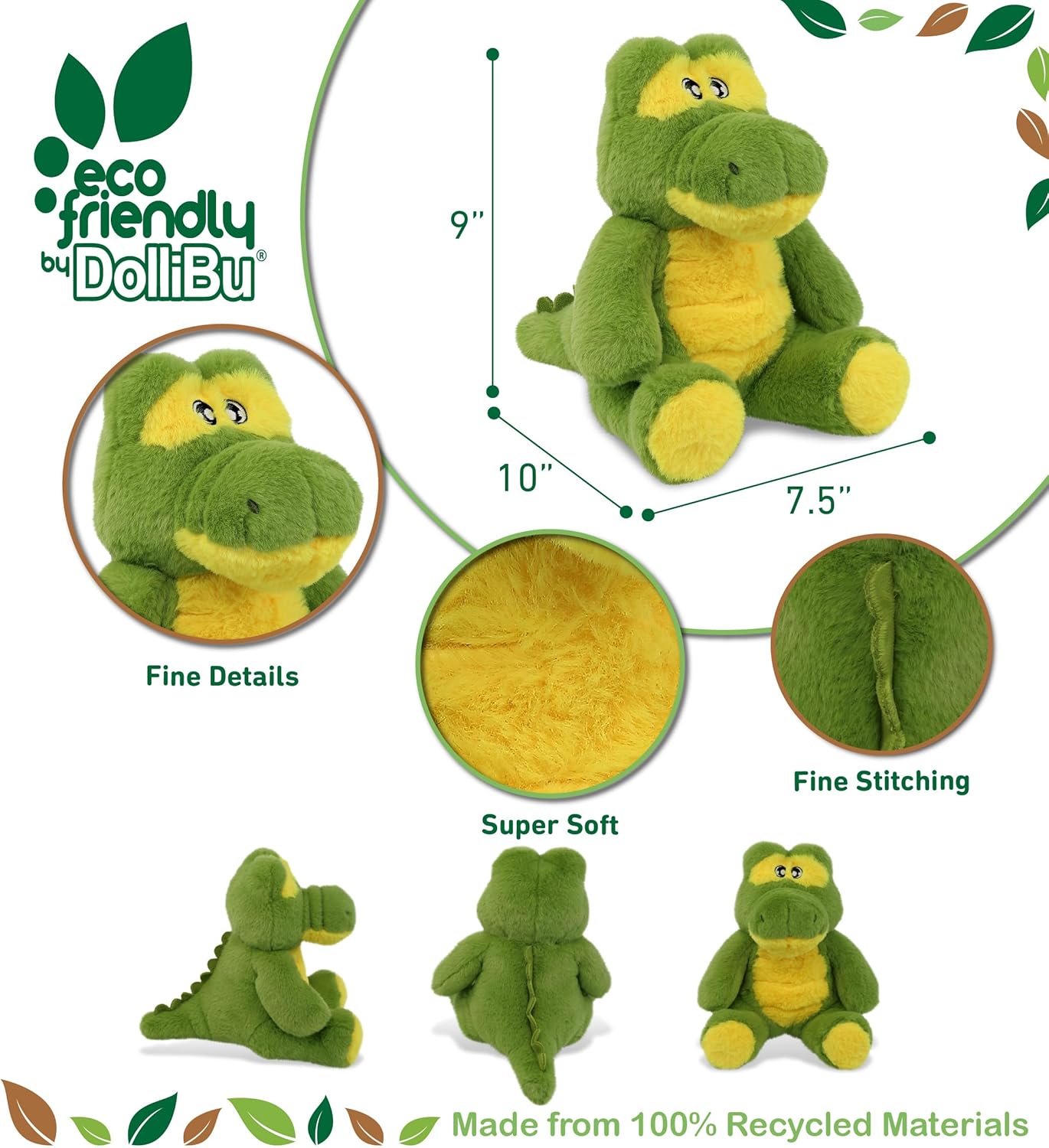 DolliBu Alligator Plush Toy Soft Eco-Friendly 9 Inches
