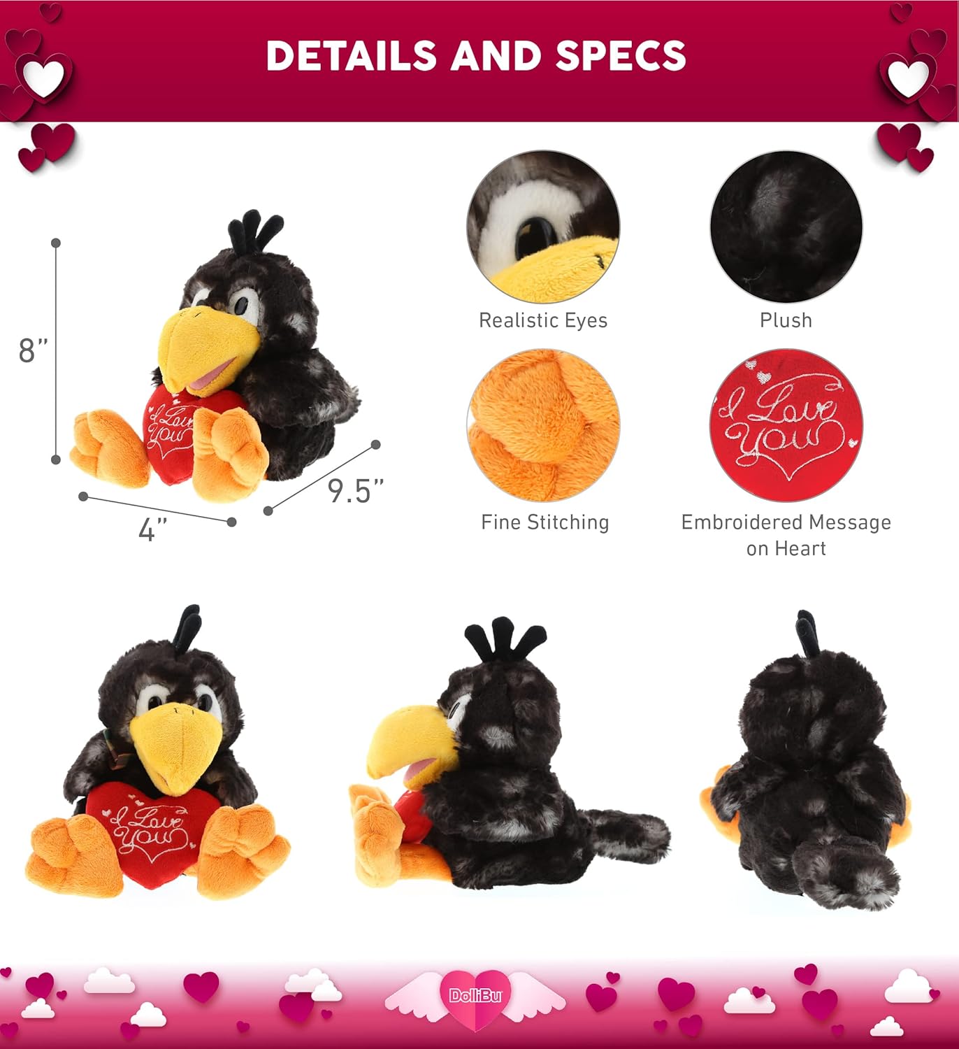 DolliBu I Love You Valentine Sitting Crow Plush - 95 Inches