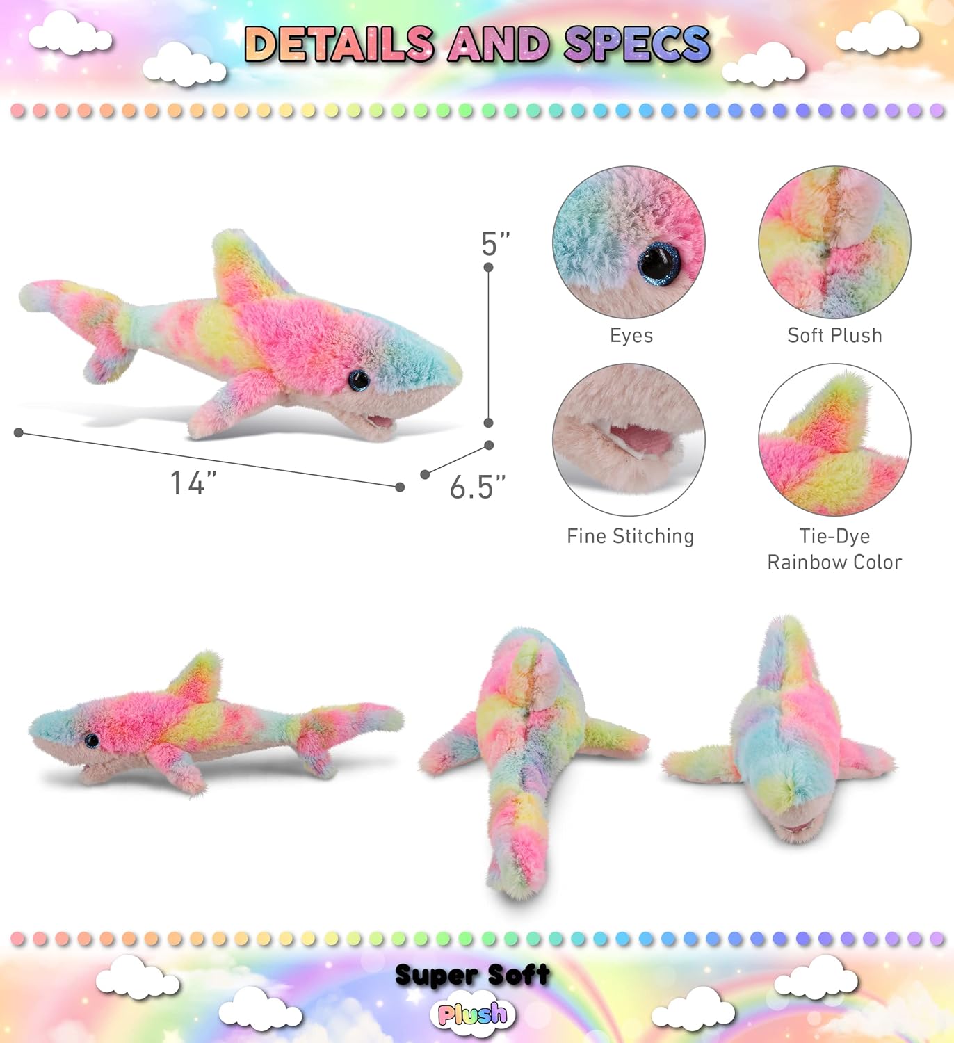 DolliBu Rainbow Shark Plush Toy - 14 Inches