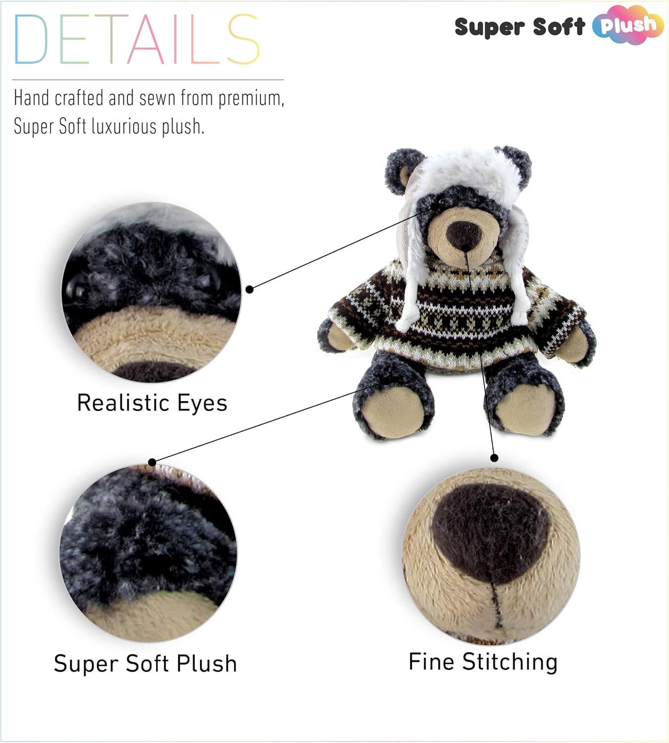 DolliBu Plush Black Bear with Hat and Sweater 9 Inches