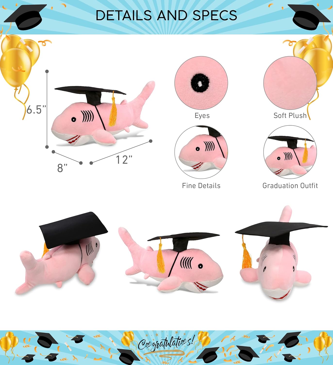 DolliBu Pink Shark Graduation Plush Toy 12 Inches