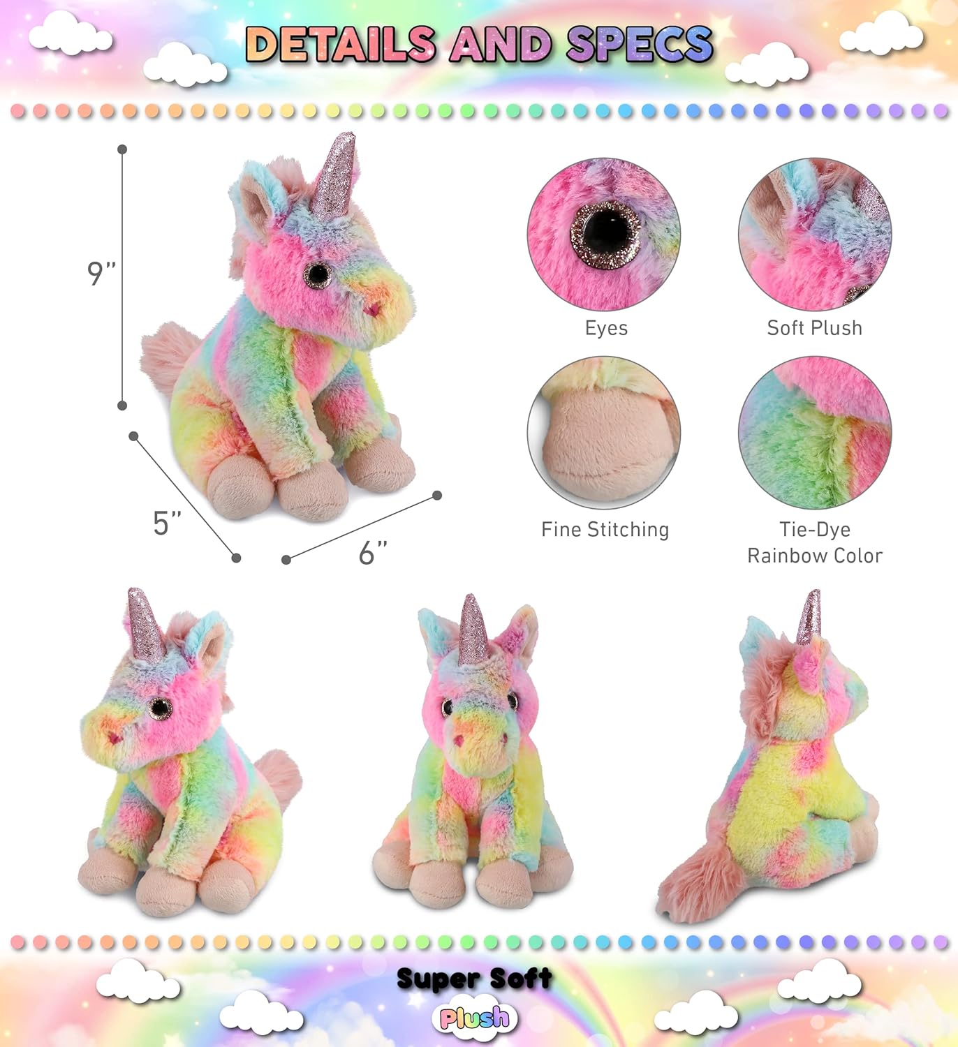 DolliBu Rainbow Unicorn Stuffed Animal 9 Inch