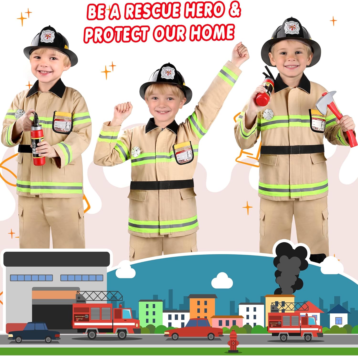 GIFTINBOX Firefighter Costume for Kids 3-12 with Accessories