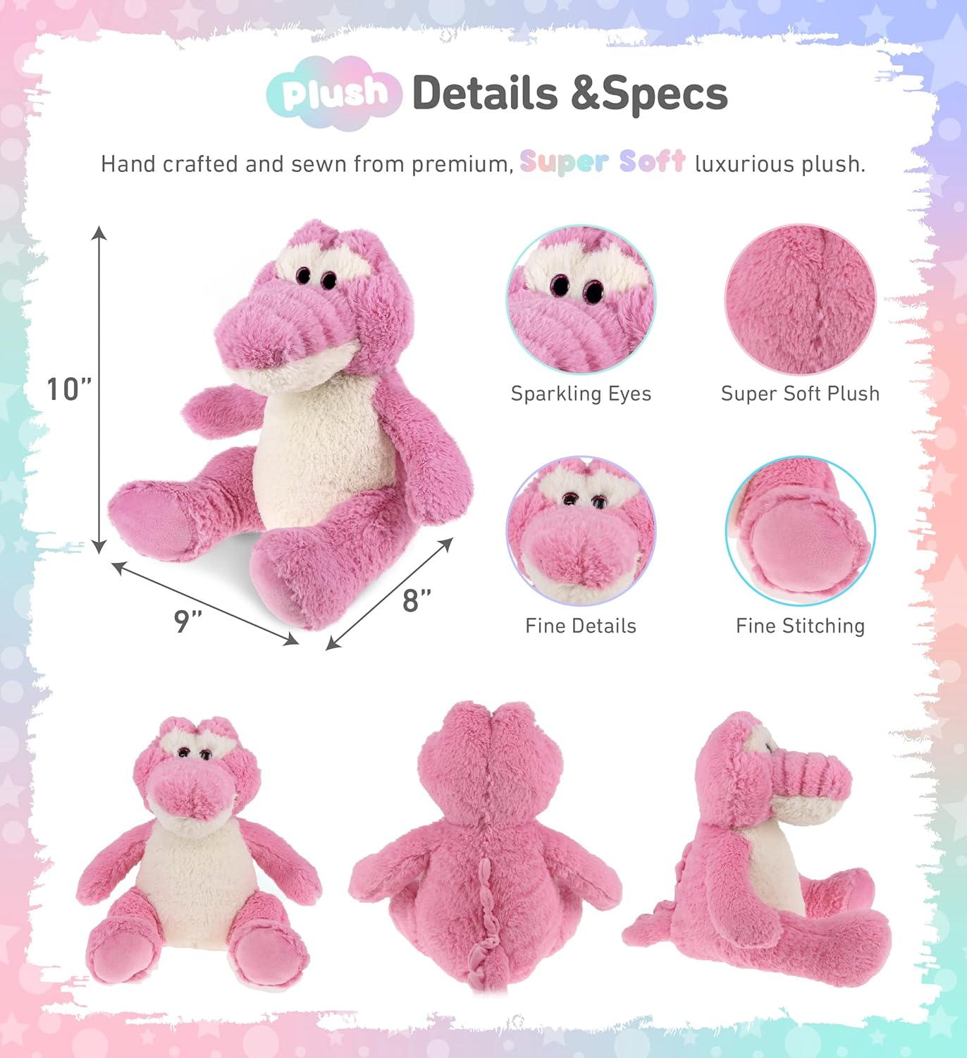 DolliBu Plush Alligator Stuffed Animal - 10 Inch Cute Huggable Pink Toy