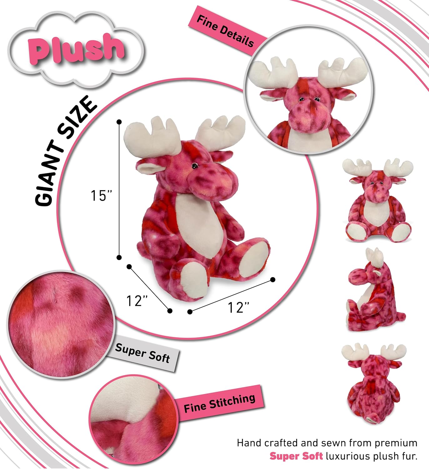 DolliBu XL Pink Tie-Dye Moose Plush Stuffed Animal