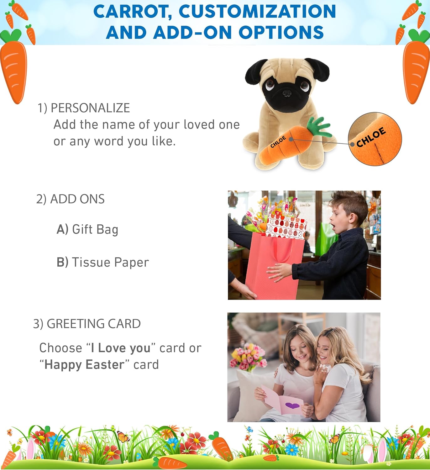 DolliBu Happy Easter Pug Plush with Carrot - 8 Inches