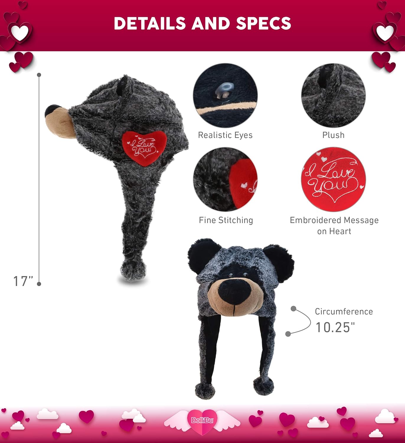 DolliBu I Love You Plush Black Bear Hat - 17 Inches