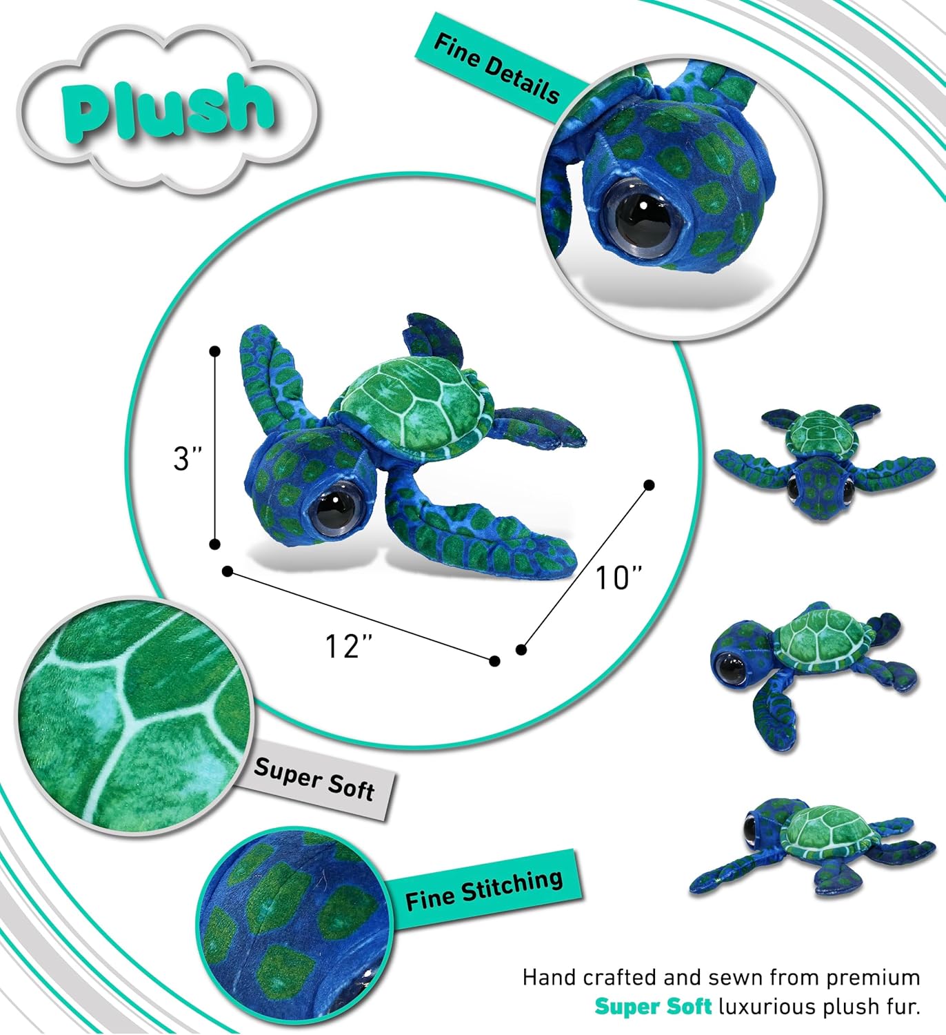 DolliBu Blue Sea Turtle Plush Stuffed Animal - 10 Inches