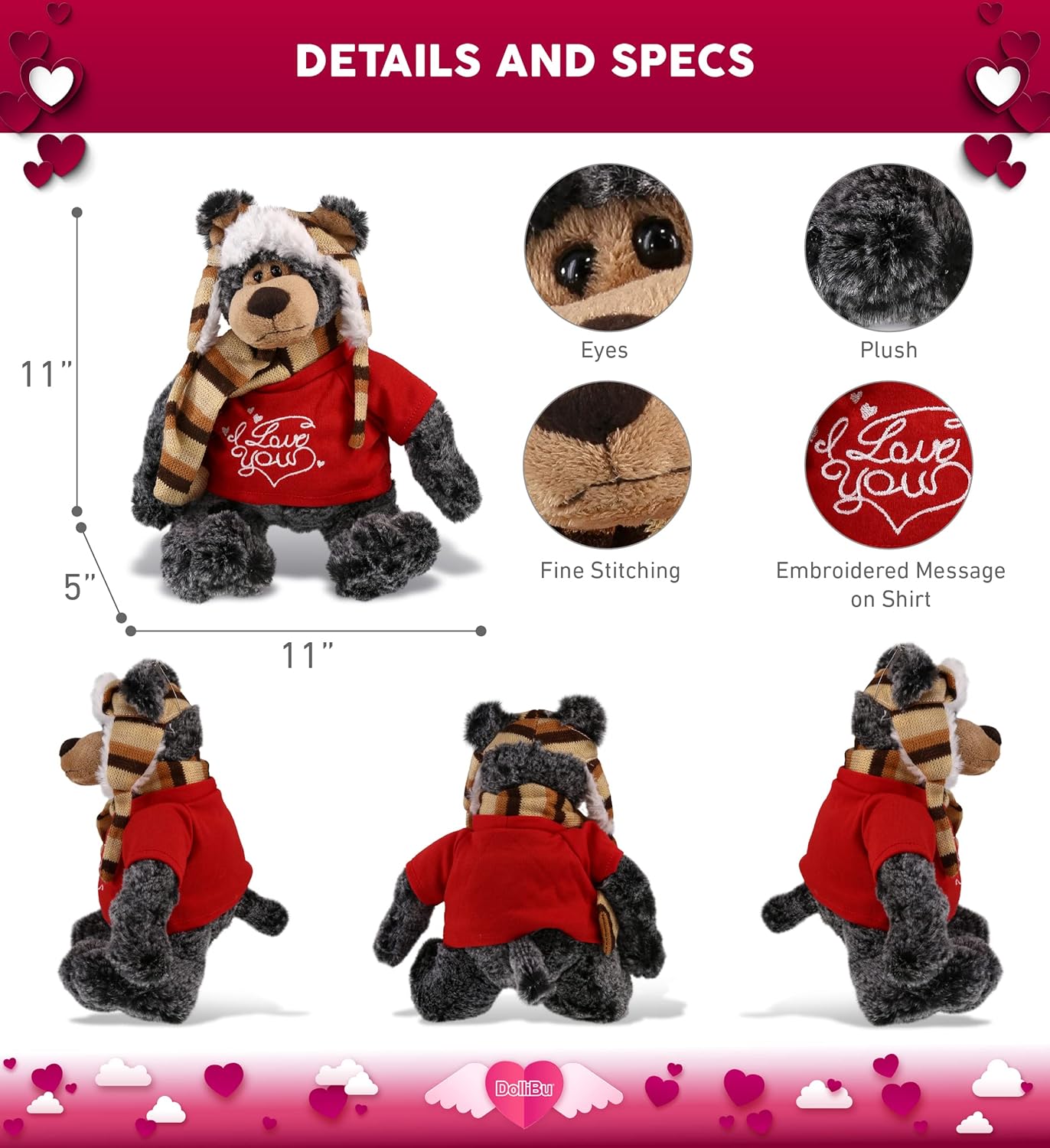 DolliBu I Love You Valentine Standing Black Bear - 11 Inches