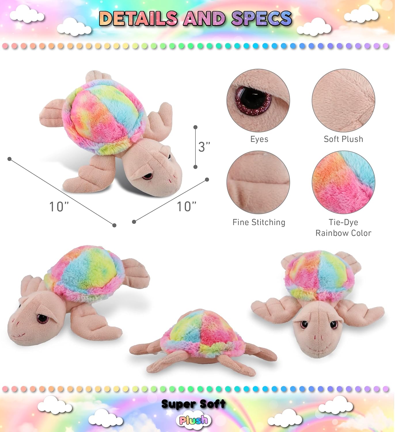 DolliBu Rainbow Pink Sea Turtle Plush Toy 11 Inch