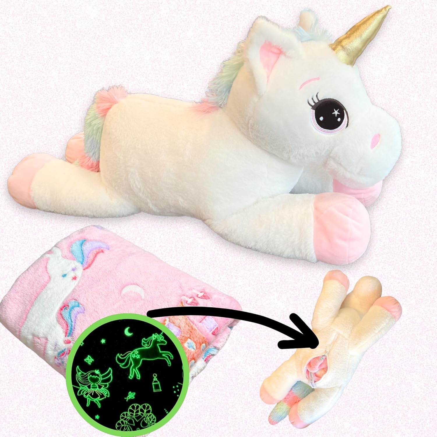 Unicorn Stuffed Animal with Glow-in-the-Dark Blanket Inside