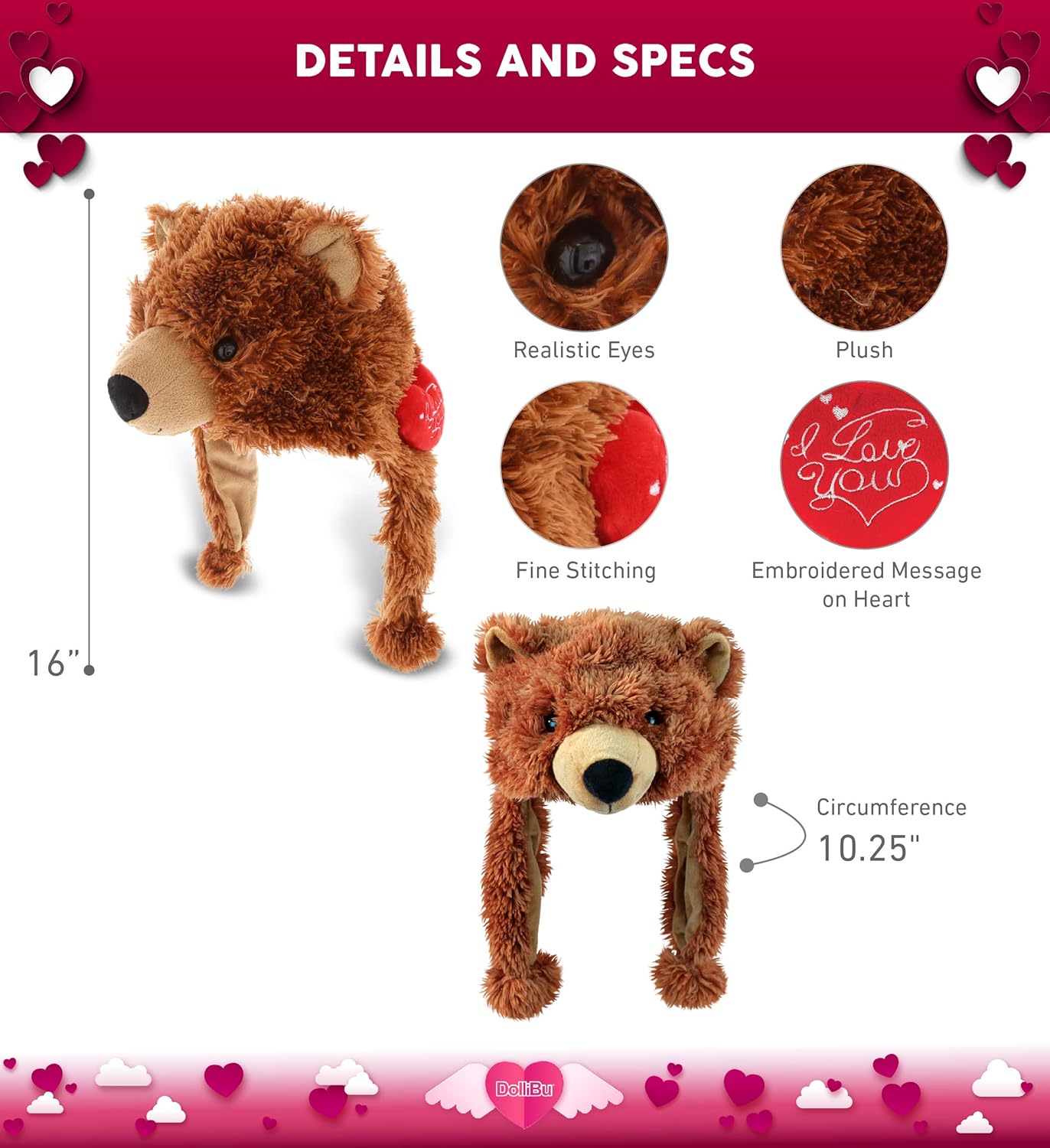 DolliBu I Love You Grizzly Bear Plush Hat - 16 Inches