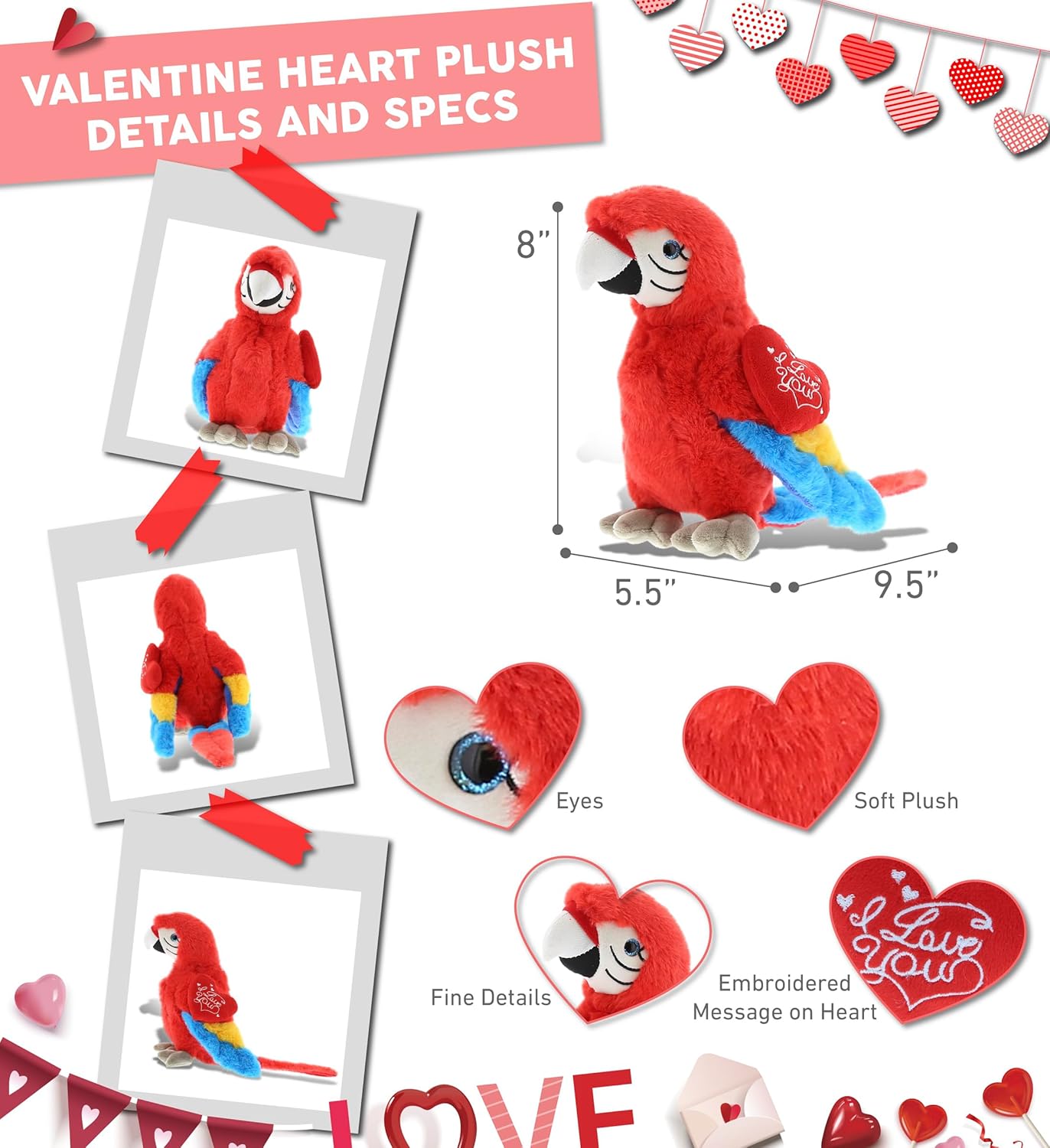 DolliBu I Love You Valentine Red Parrot Plush Toy