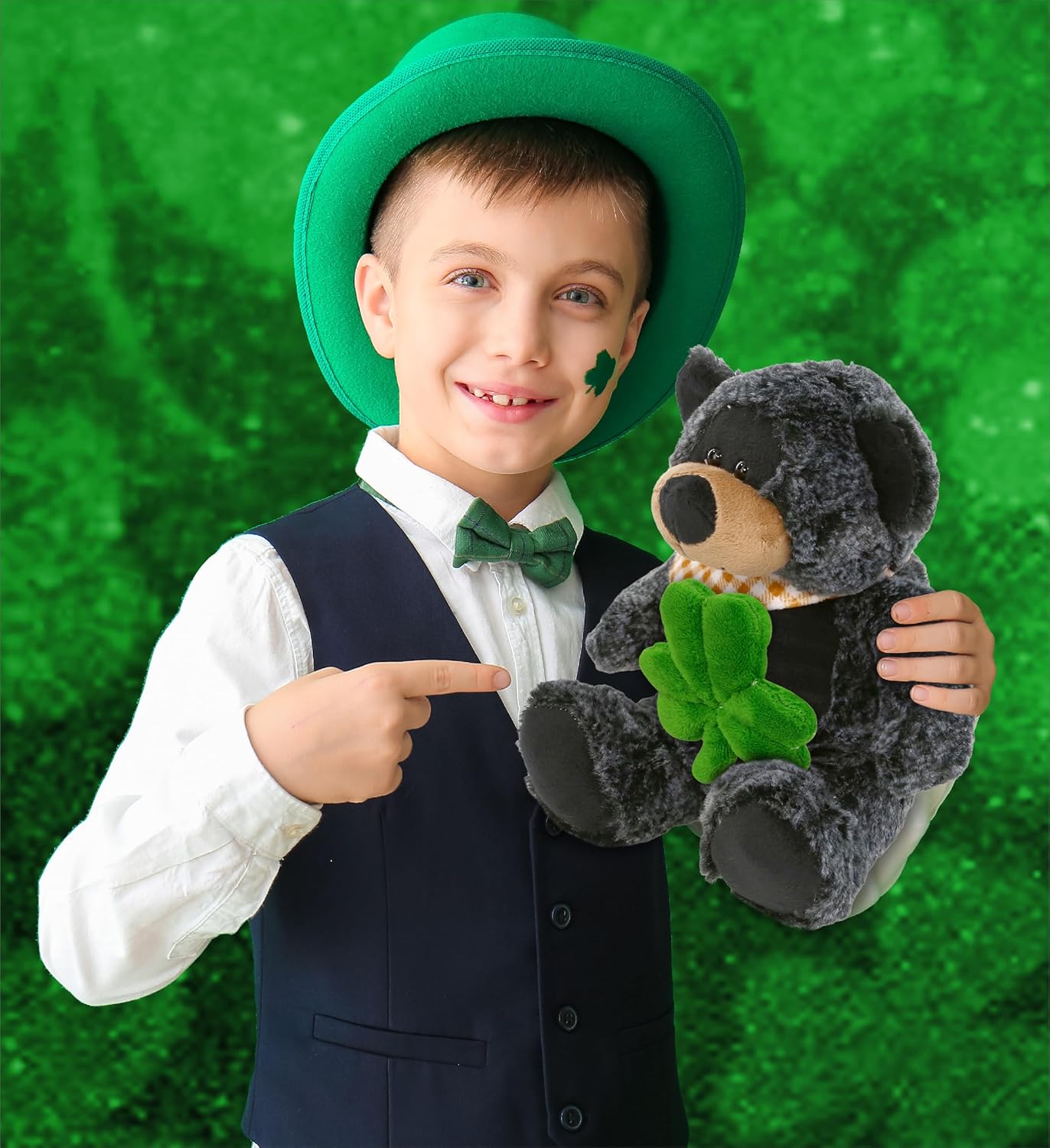 DolliBu Super Soft Black Bear Stuffed Animal with Green Shamrock
