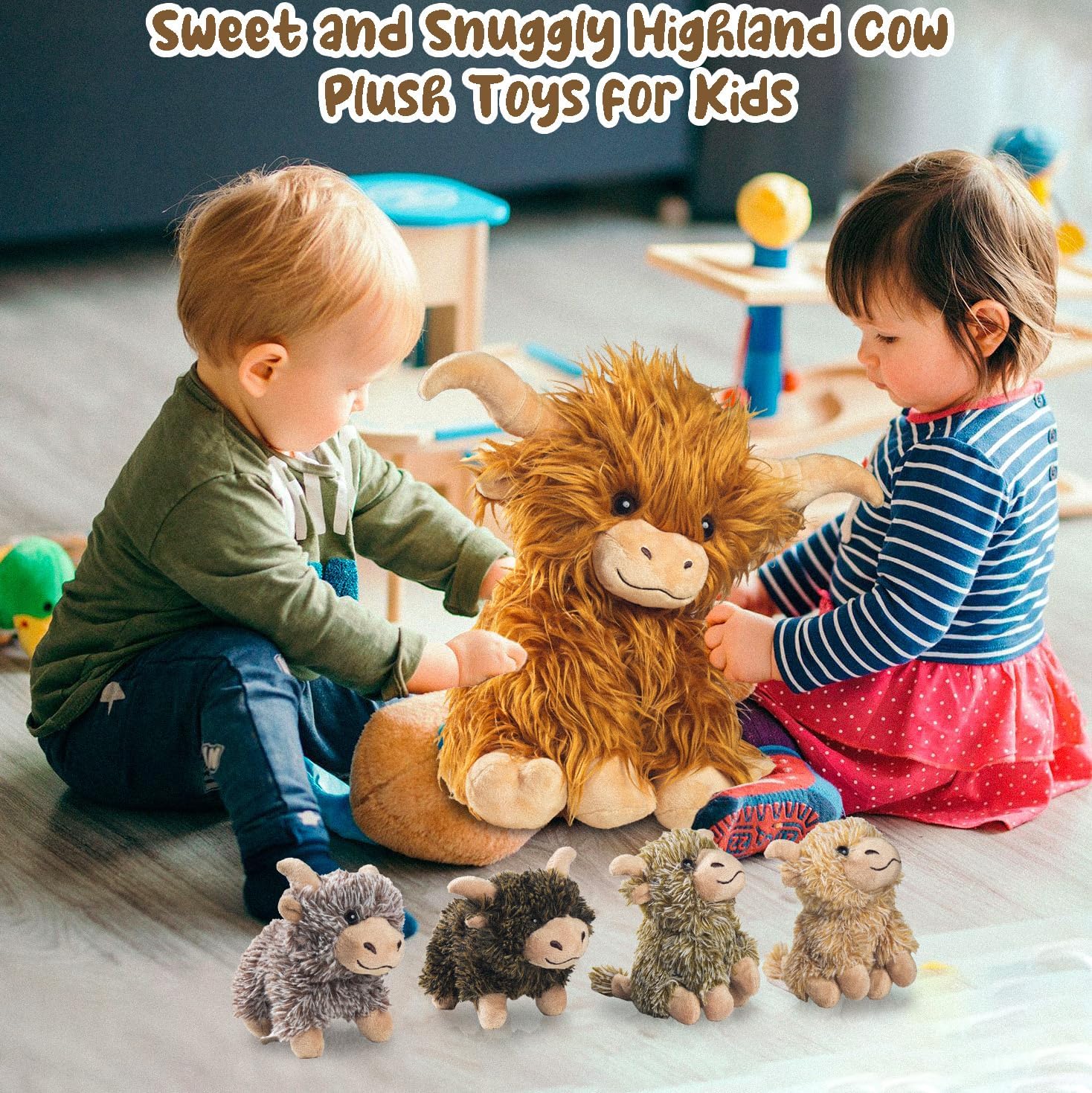 5 Pcs Highland Cow Plush Set with 4 Baby Calves