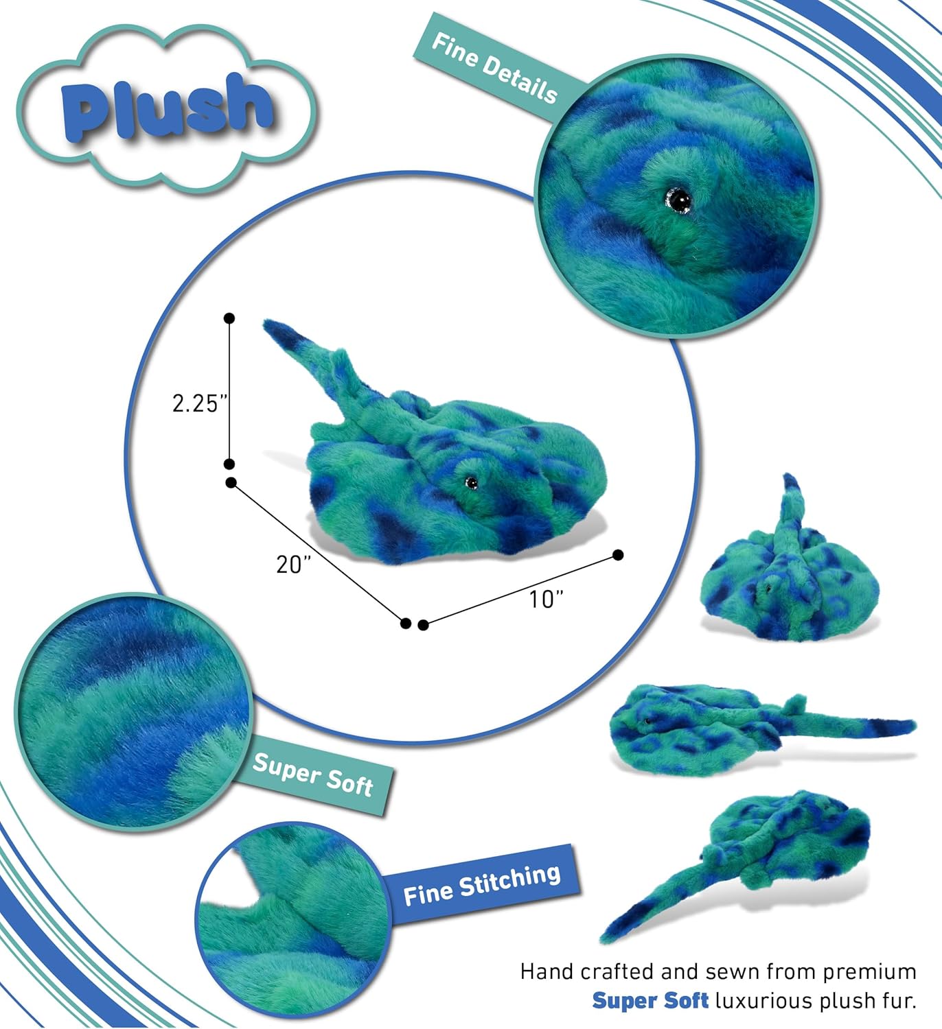 DolliBu Blue Tie-Dye Stingray Plush Toy 20 Inches