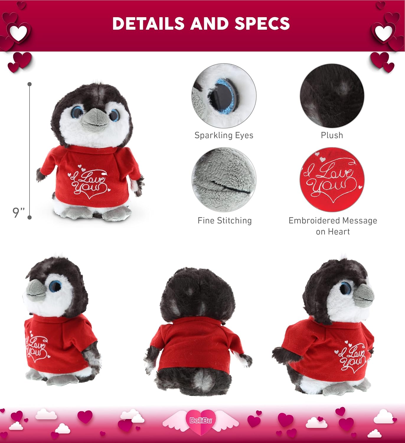 DolliBu I Love You Grey Penguin Plush - 9 Inches