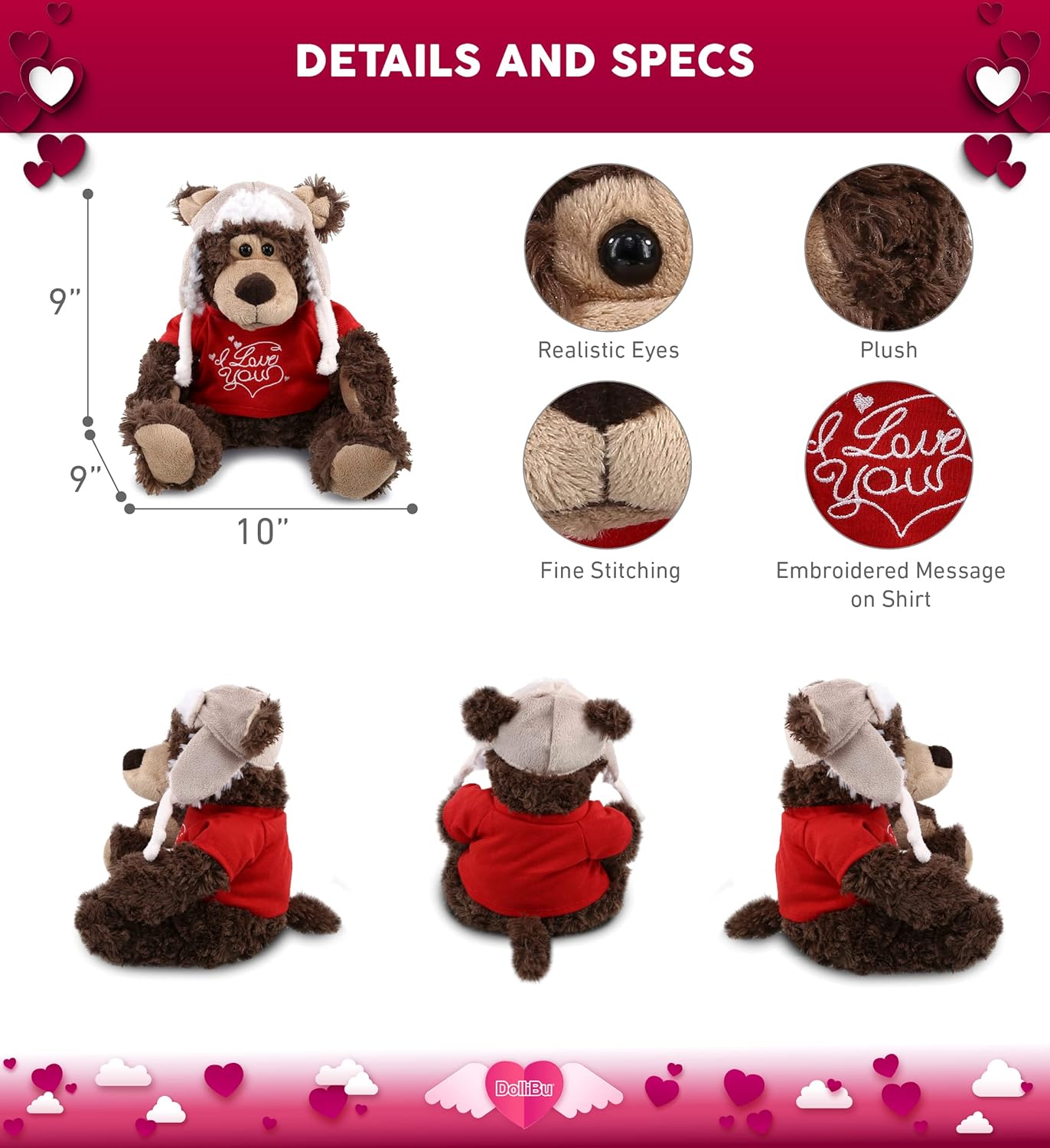DolliBu I Love You Valentine Grizzly Bear 10 Inches