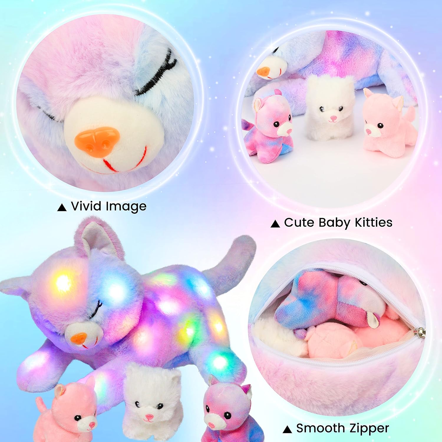 Hopearl LED Plush Cat Glow in the Dark with 3 Baby Kittens 18