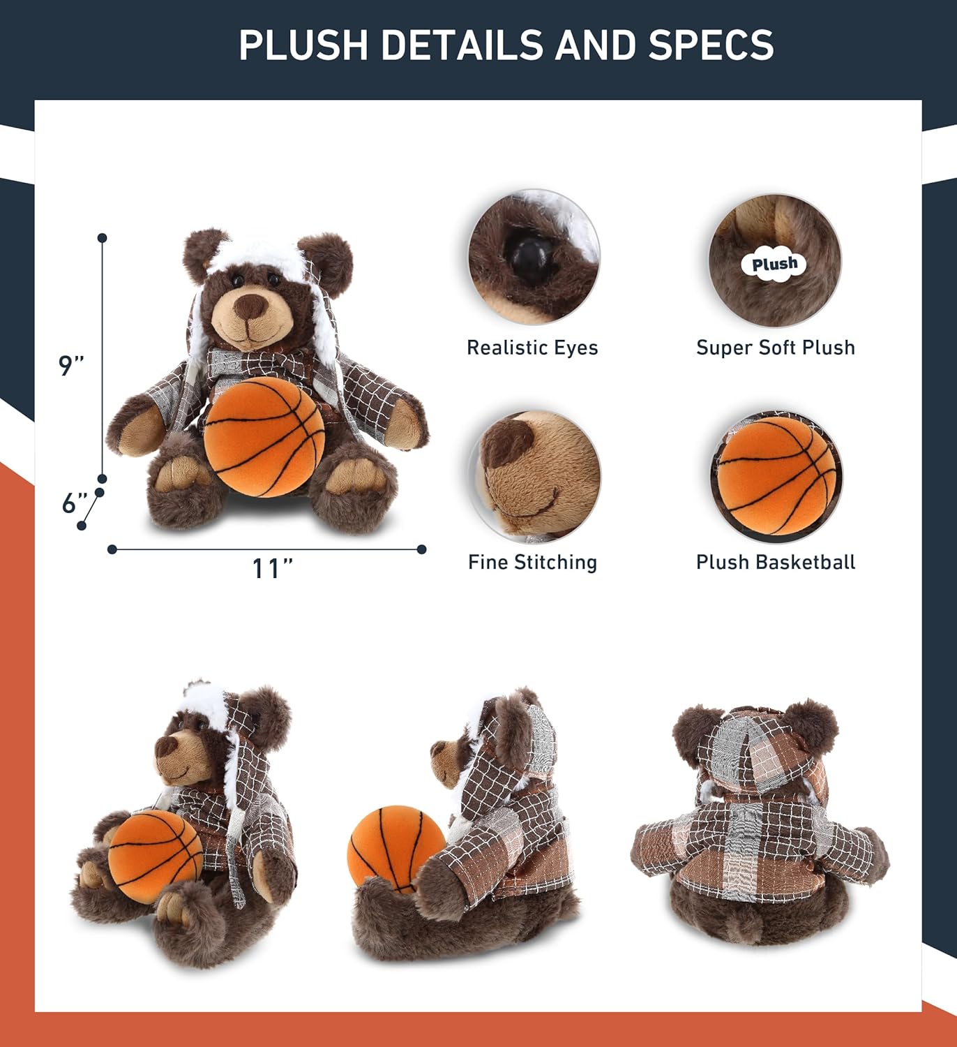 DolliBu Personalized Brown Bear with Basketball Plush Toy - 11 Inches
