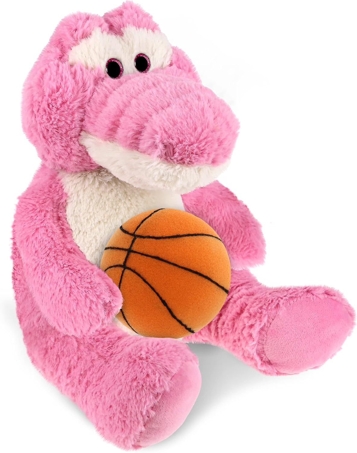 DolliBu Sitting Pink Alligator Plush with Basketball - 10 Inches