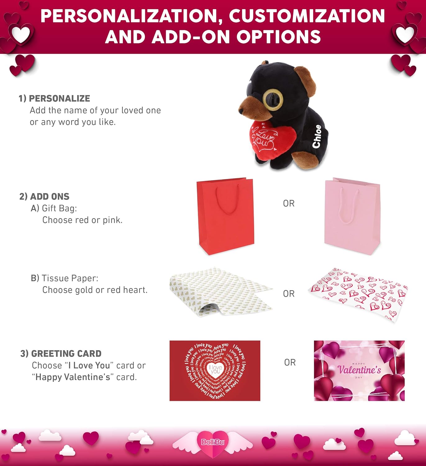 DolliBu Sparkling Big Eye Black Bear Plush with Red Heart and Personalization