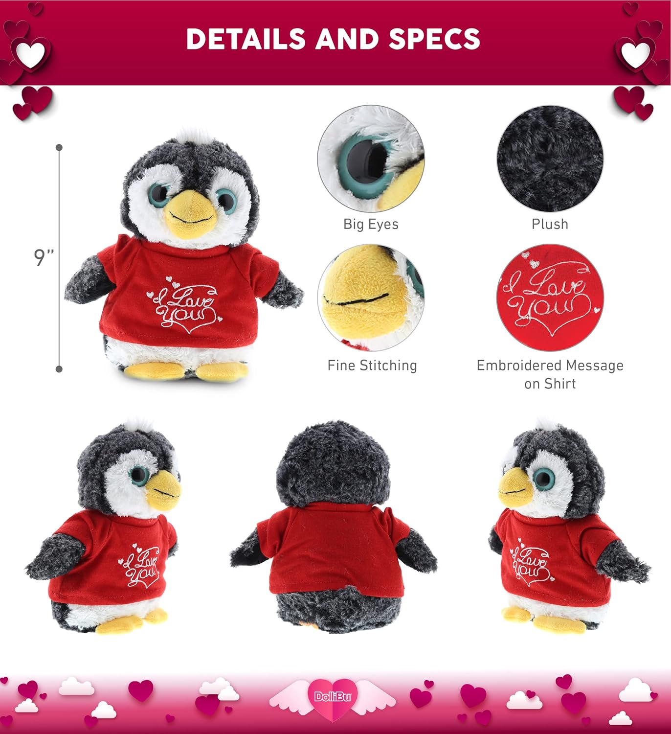 DolliBu I Love You Valentine Plush Penguin - 9 Inches Cute Stuffed Animal